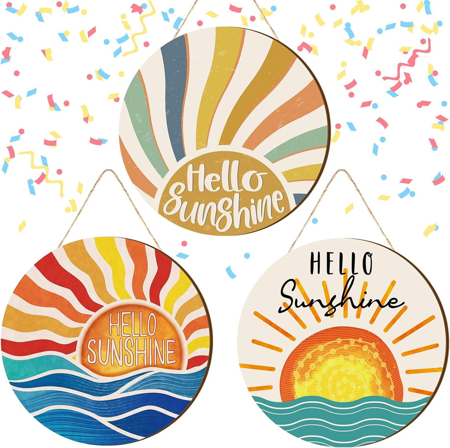 3 Pcs 12 Inch Summer Decor Hello Sunshine Front Door Decor Hello Sunshine Wreath Rustic Wooden Sign Hanger for Outdoor Outside Porch Round Hanging Sign for Summer