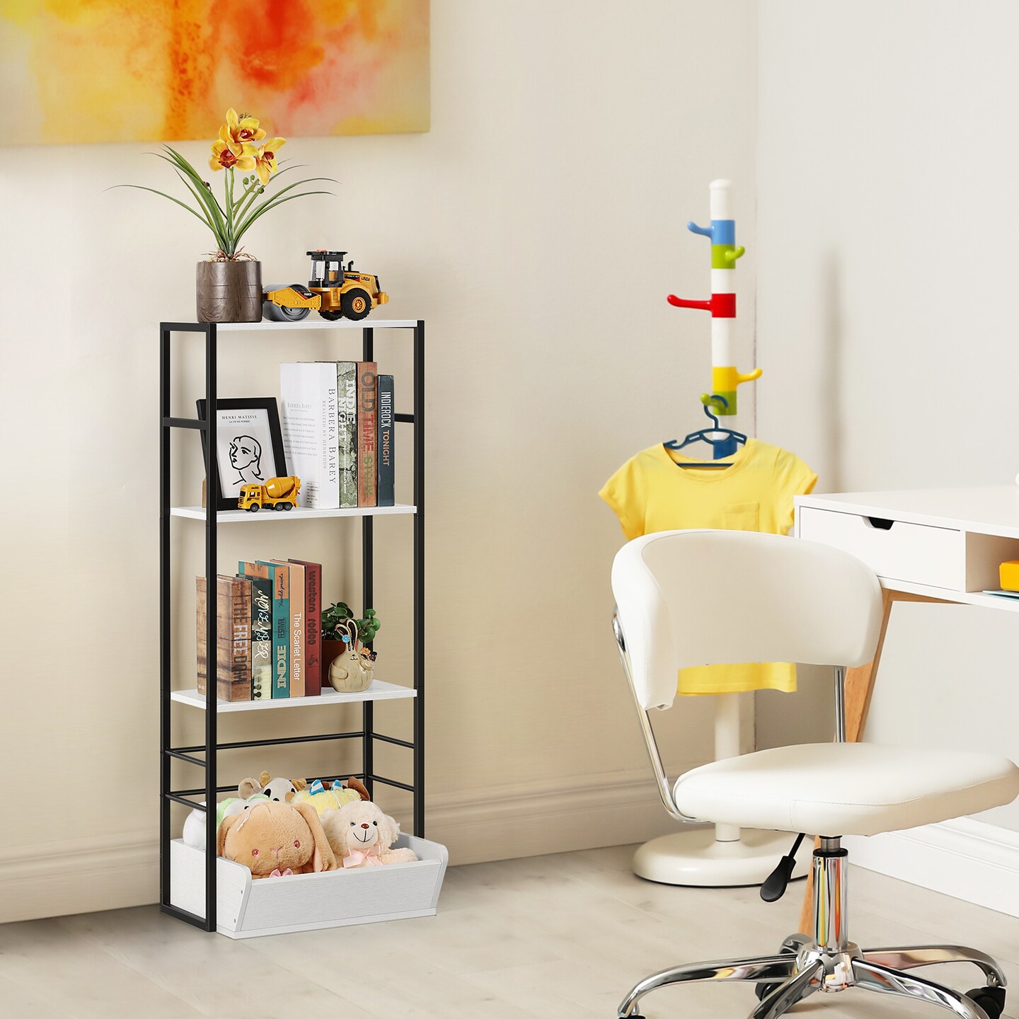 4-Tier Industrial Narrow Bookshelf for Small Spaces - Wood &#x26; Metal Storage Organizer, Multi-Purpose Shelf for Home Office, Living Room, Bathroom, Entryway (Space-Saving Design)