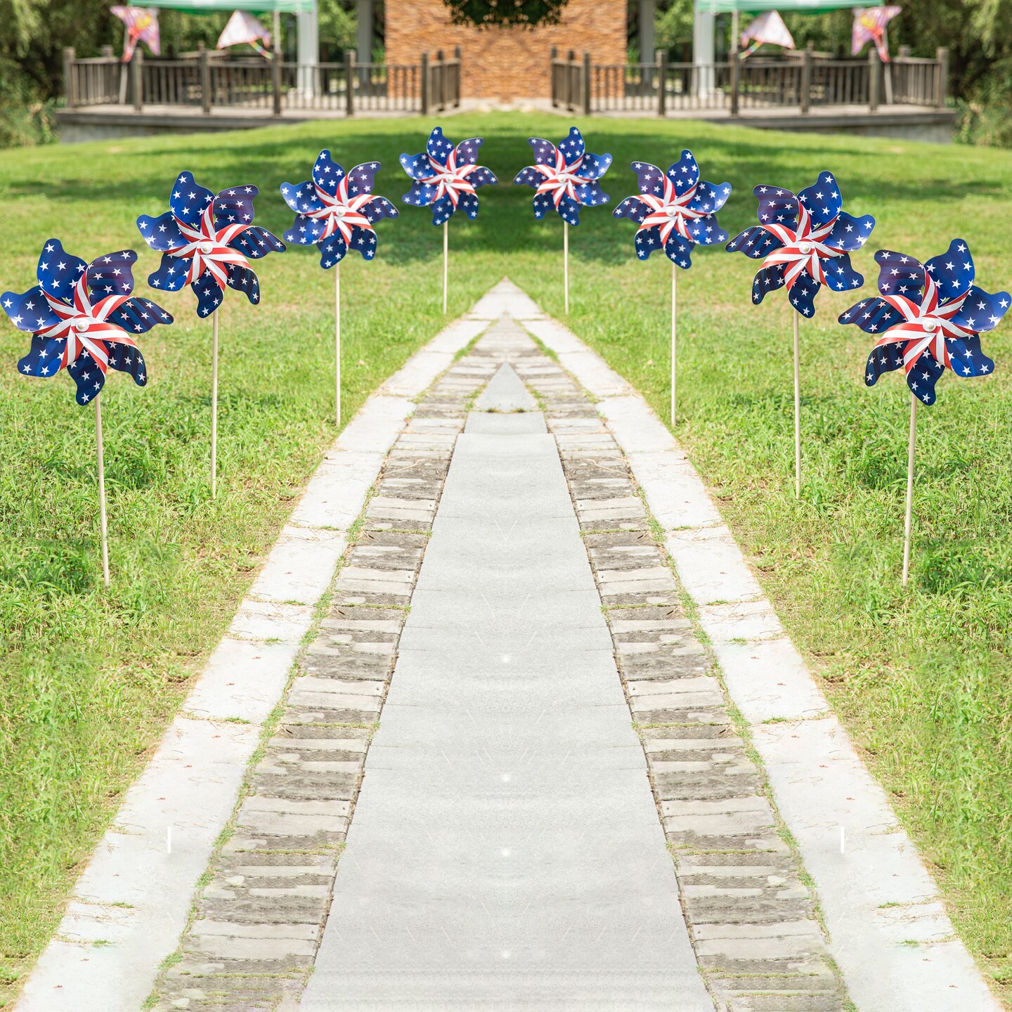 43.25&#x22;H Set of 8 Patriotic/Americana Plastic Windmills