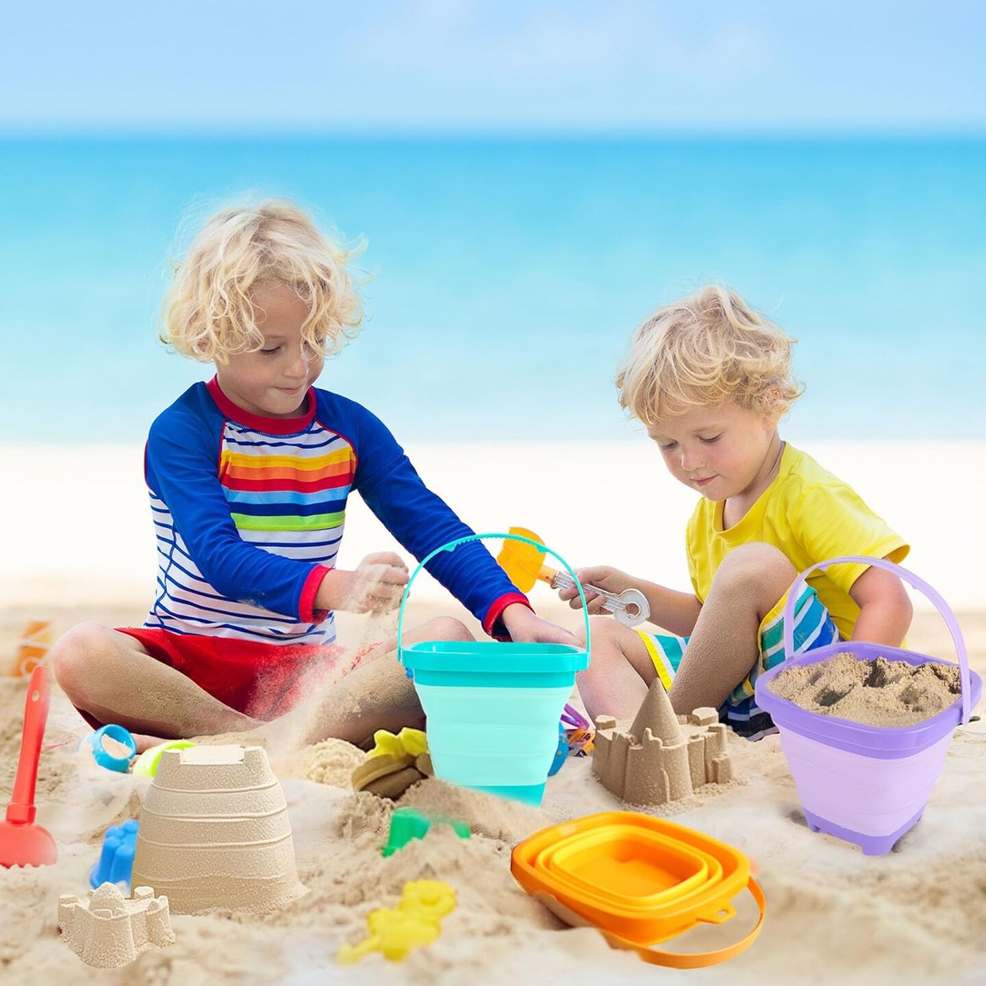 3Set Collapsible Beach Buckets, Foldable Sand Toys Easter Buckets for Kids, for Toddlers Outdoor Activities, Beach Fun Summer Vacation