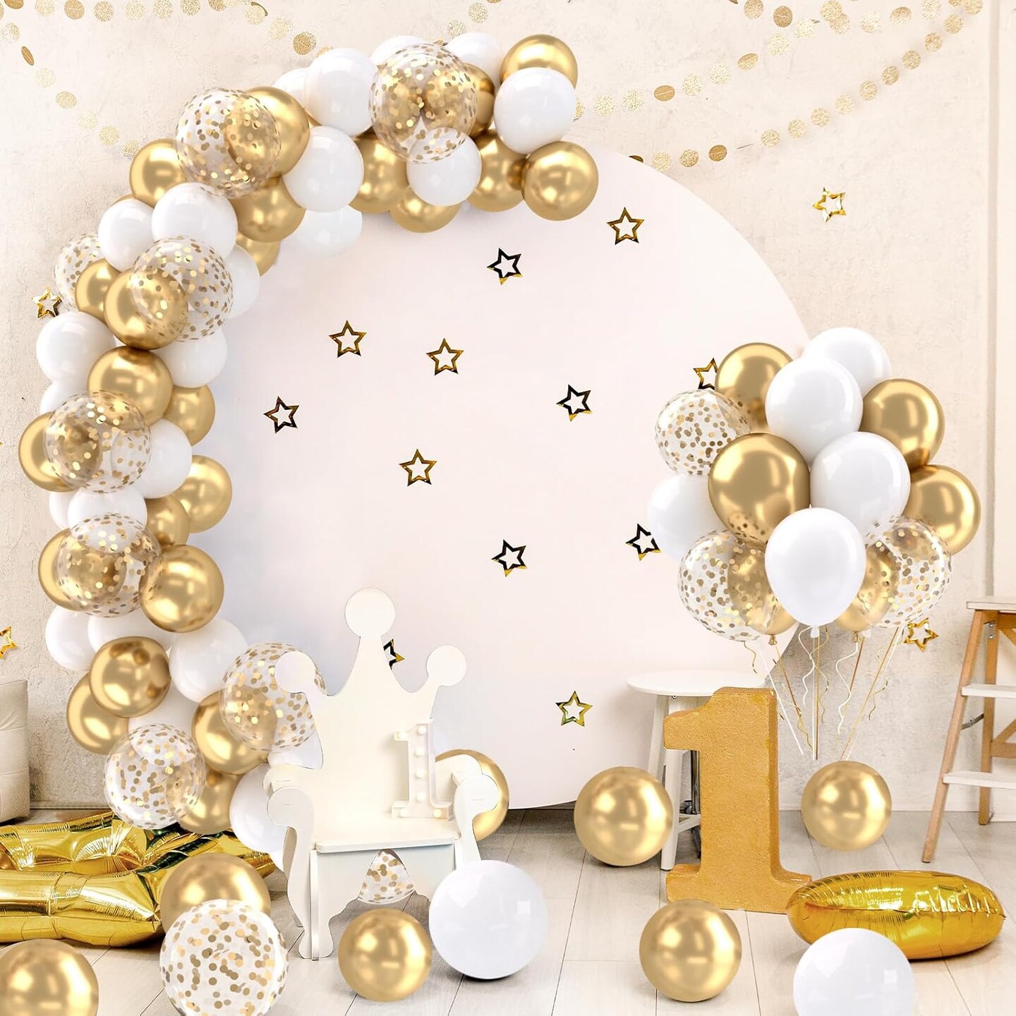 White and Gold Balloons Set, 50 pcs 12 inch Metallic Gold White Gold Confetti Latex Balloons