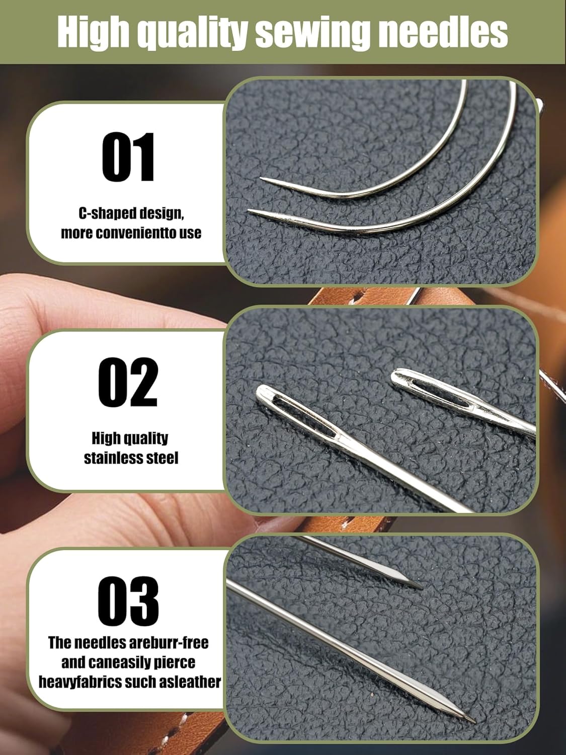 16 Pcs Upholstery Needle, Heavy Duty Hand Sewing Needles Kit, 8 Styles of Leather Canvas Sewing Needles with Needle Threaders, Seam Rippers, Thimble, Soft Ruler (Leather Needles)