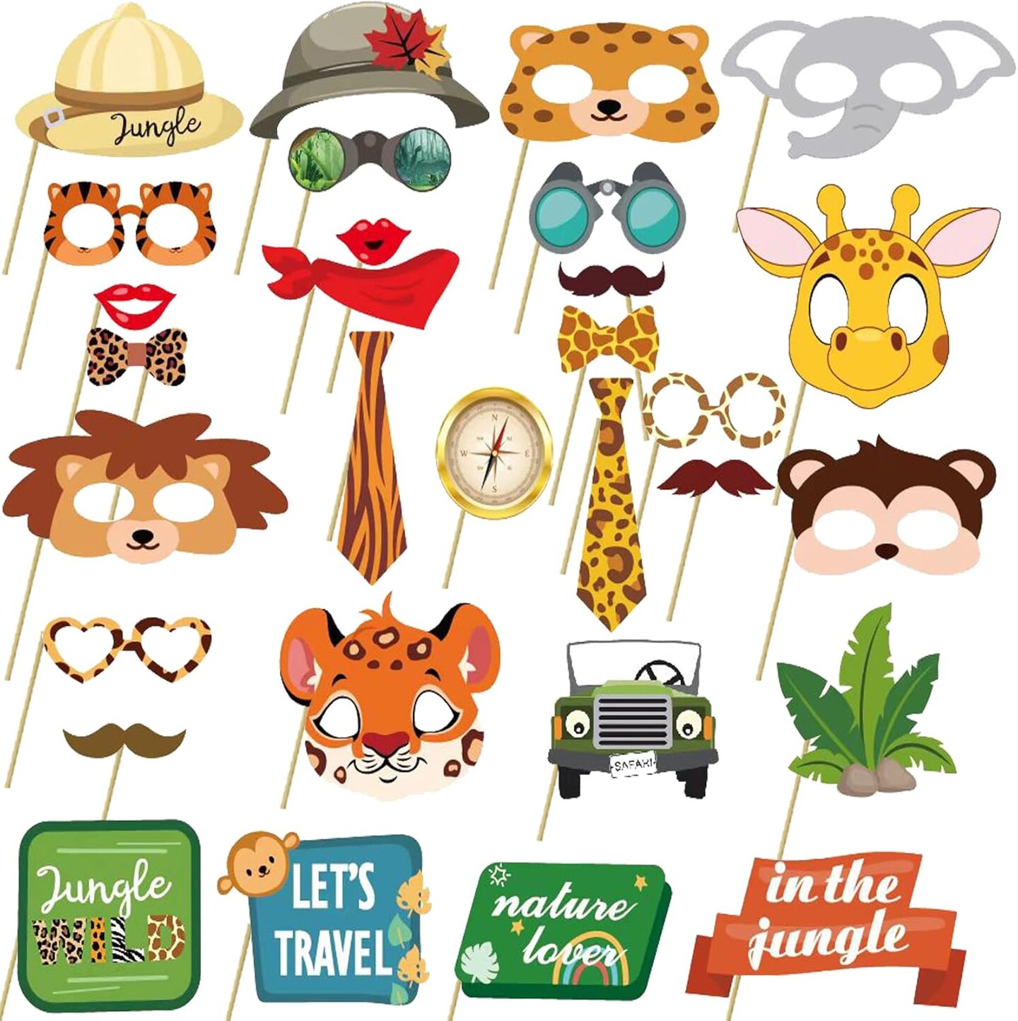 30 Pc Jungle Safari Photo Booth Props – Wild One Birthday & Baby Shower