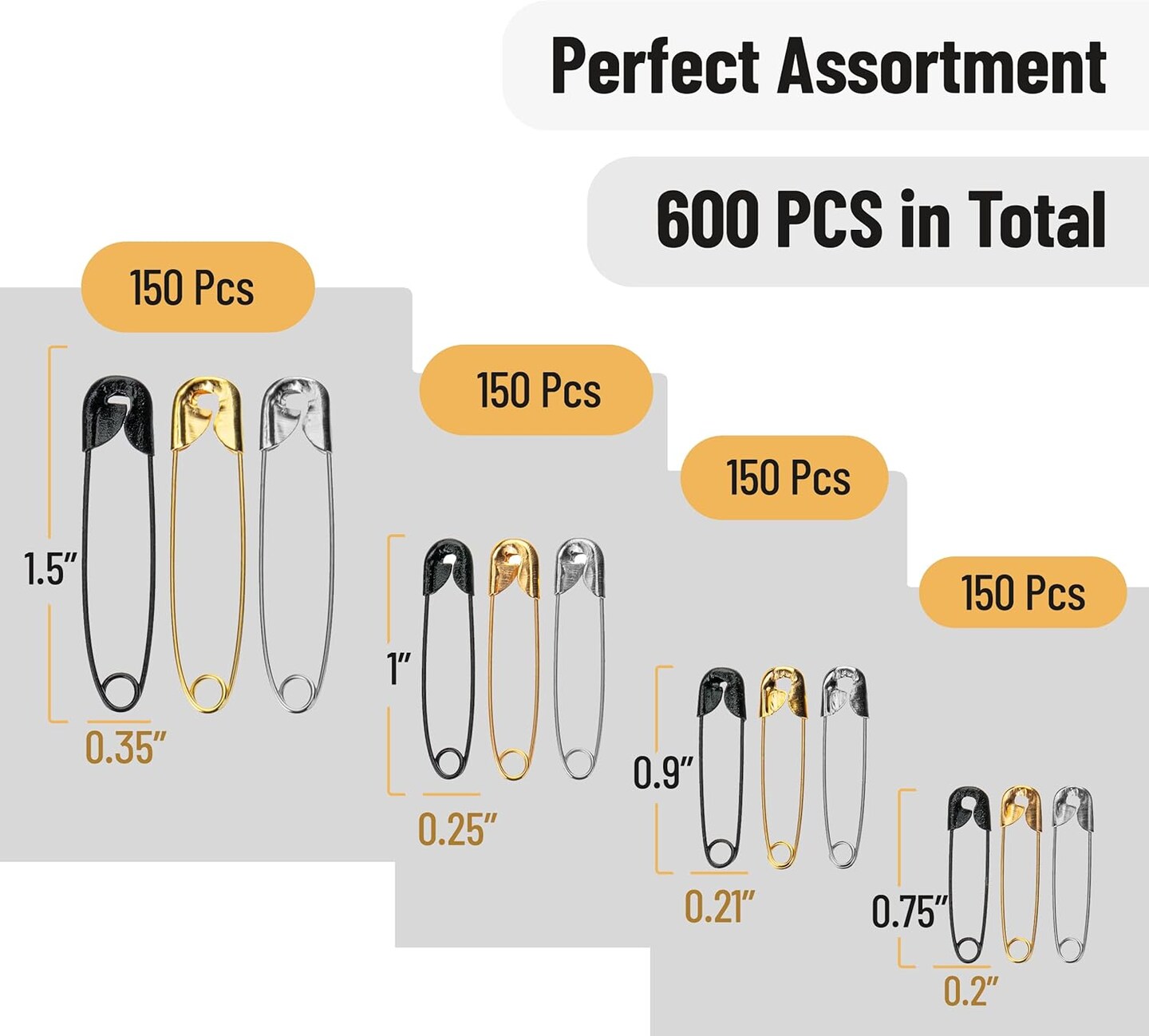 Safety Pins - 600 Pack, Small &#x26; Large Sizes, Assorted Colors, Ideal for Clothes