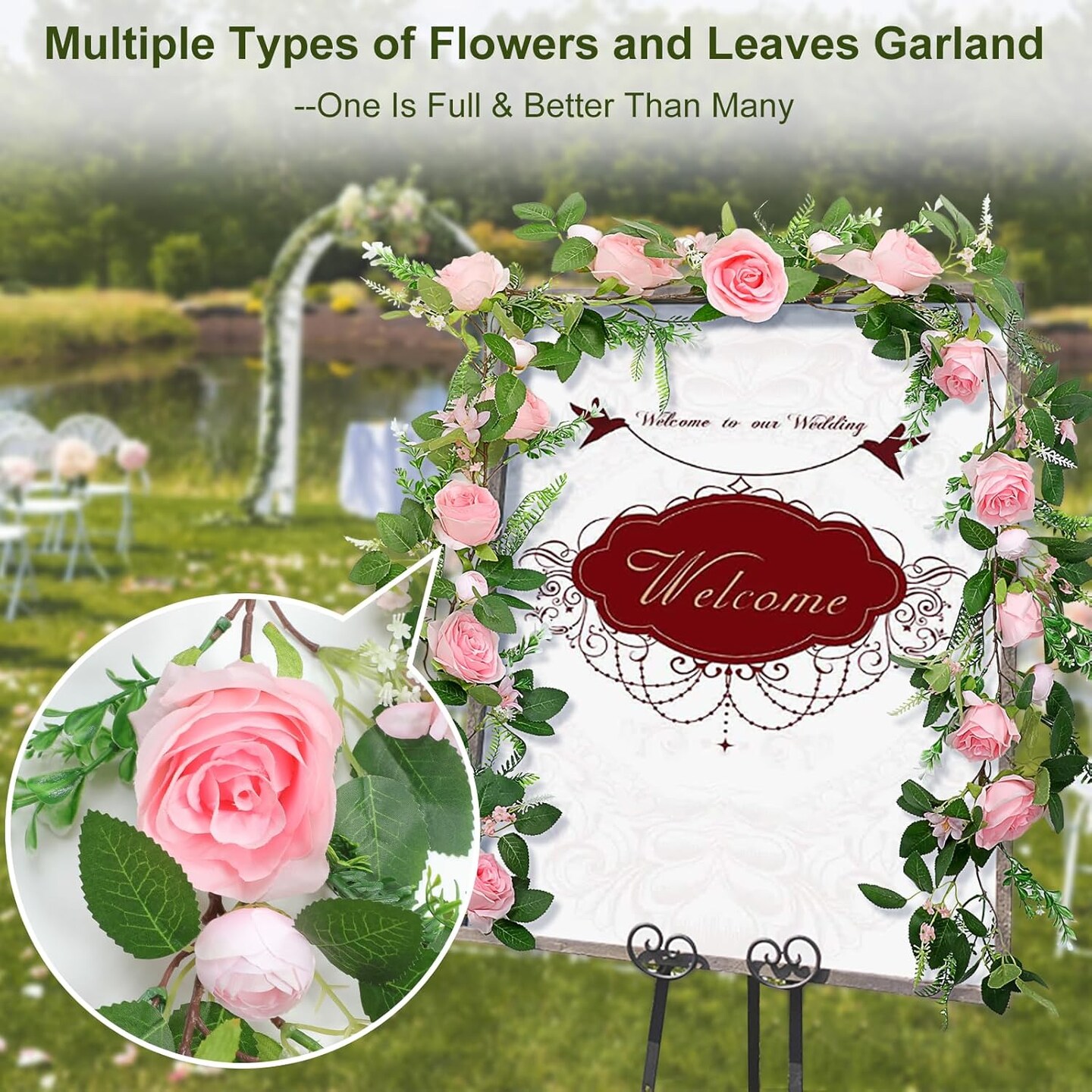 Full Pink Flower Garland, 6.2FT Artificial Rose Floral Vine Pretty Spring Pink Flower Garland for Wedding Arch Decor Home Backdrop Wall Table Centerpiece Valentines Decoration