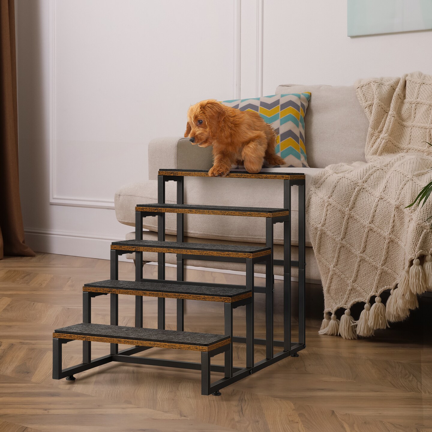 4-Step Dog & Cat Stairs with Non-Slip Base – Sturdy Wood/Metal Pet Ladder for Sofa, Bed & Balcony, Joint-Friendly Design (Brown)