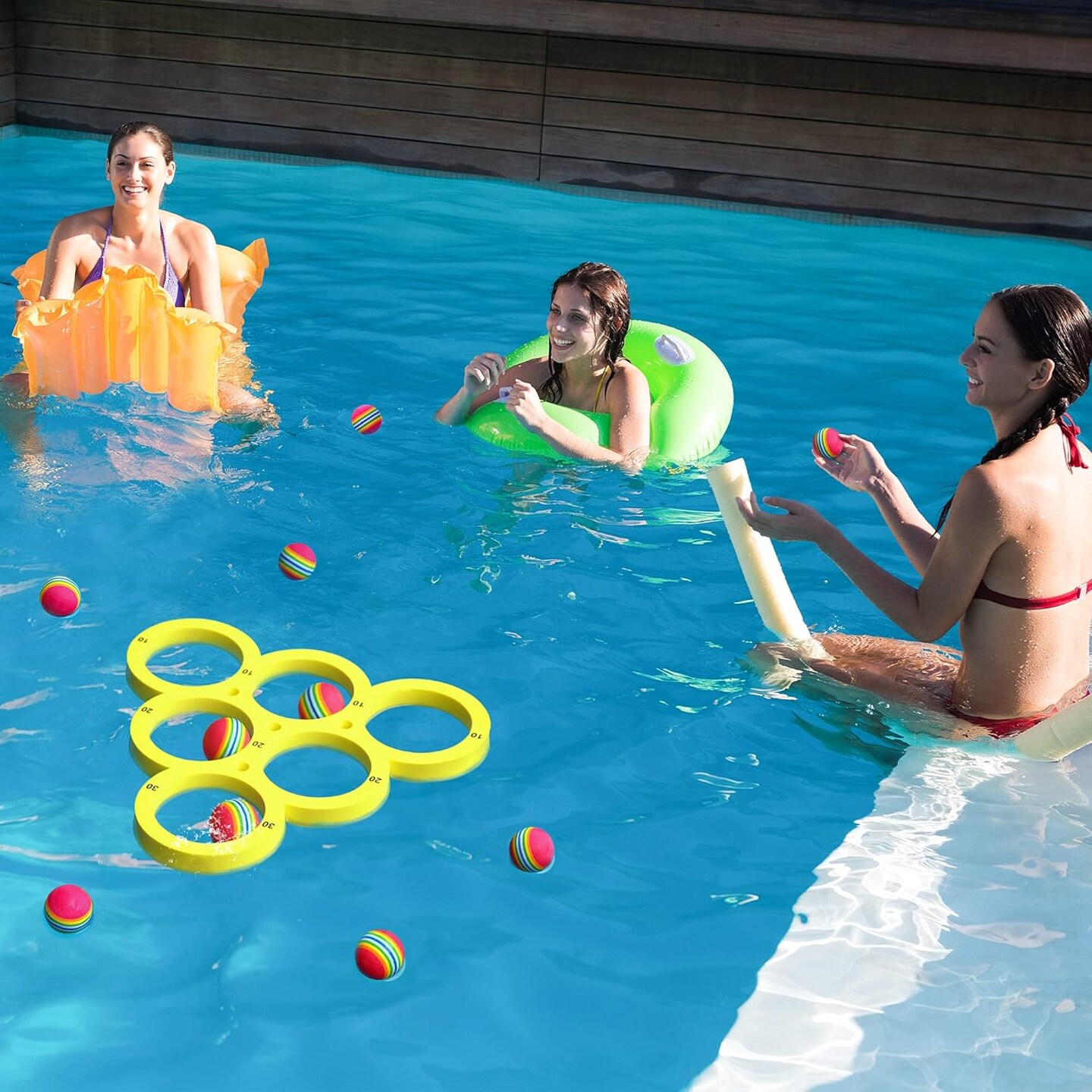 Pool Toys Games Set, Water Sports Toys for Pool Floating Throwing Games with 10 Rainbow Golf EVA Balls, Fun Gifts, Floating Pool Water Toys for Teens Adults and Family(Triangle)