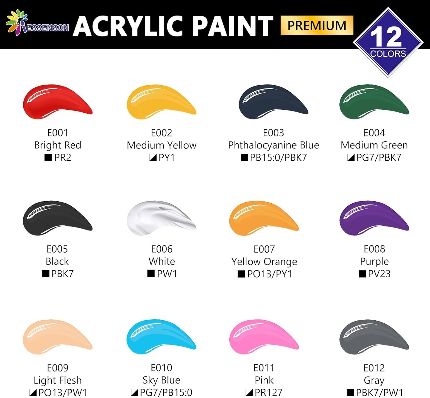 Acrylic Paint, 12 Colors Acrylic Paint Set, 2oz/59ml Bottles, Premium Acrylic Paints for Artists, Kids, Beginners and Adults on Canvas Rocks Wood Ceramic Fabric