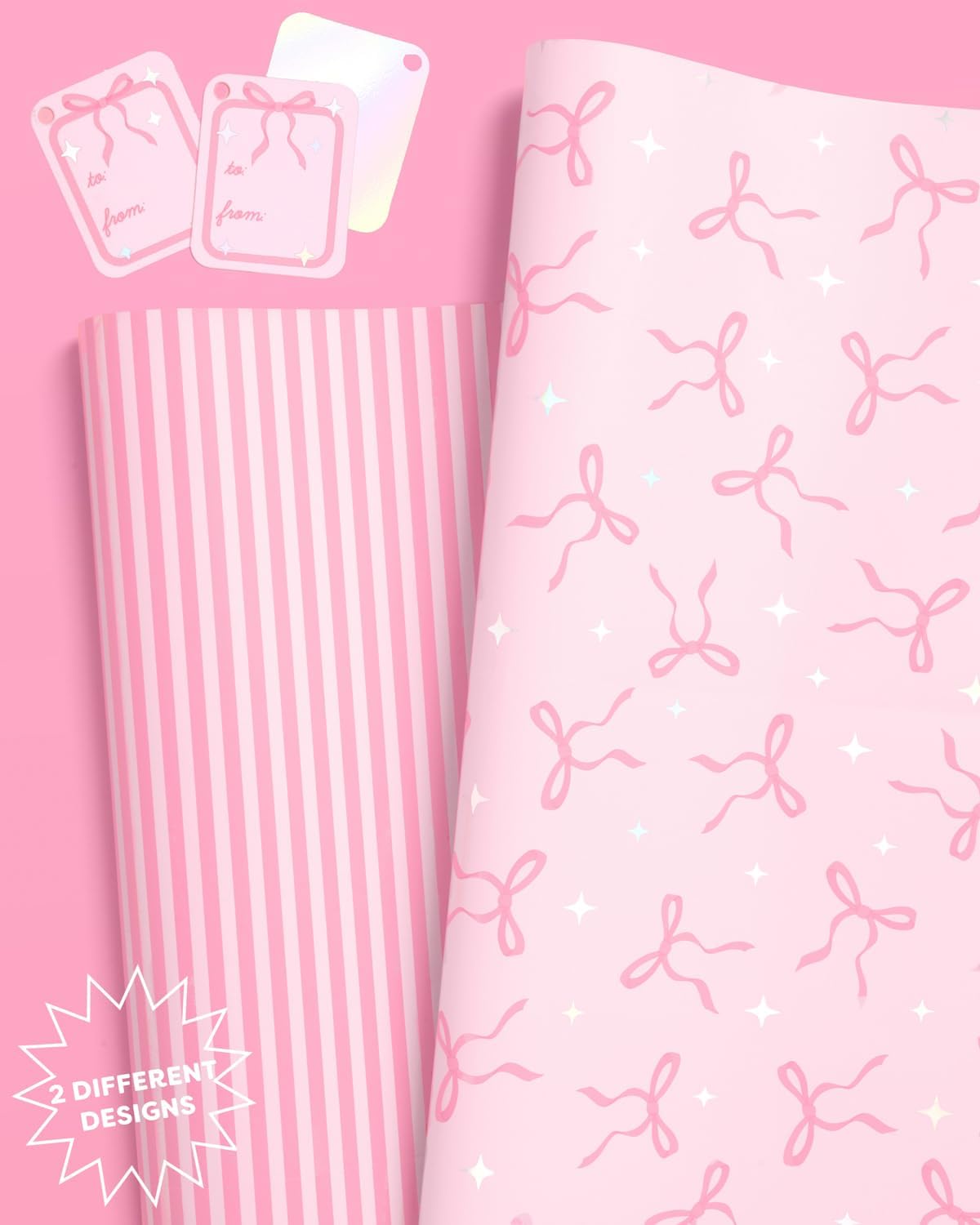 Pink Bows & Stripes Wrapping Paper + Tag Set – 12 Sheets with 16 Gift Tags | Girly Birthday, Bachelorette, Baby Shower & Holiday Gift Wrap (Pink)