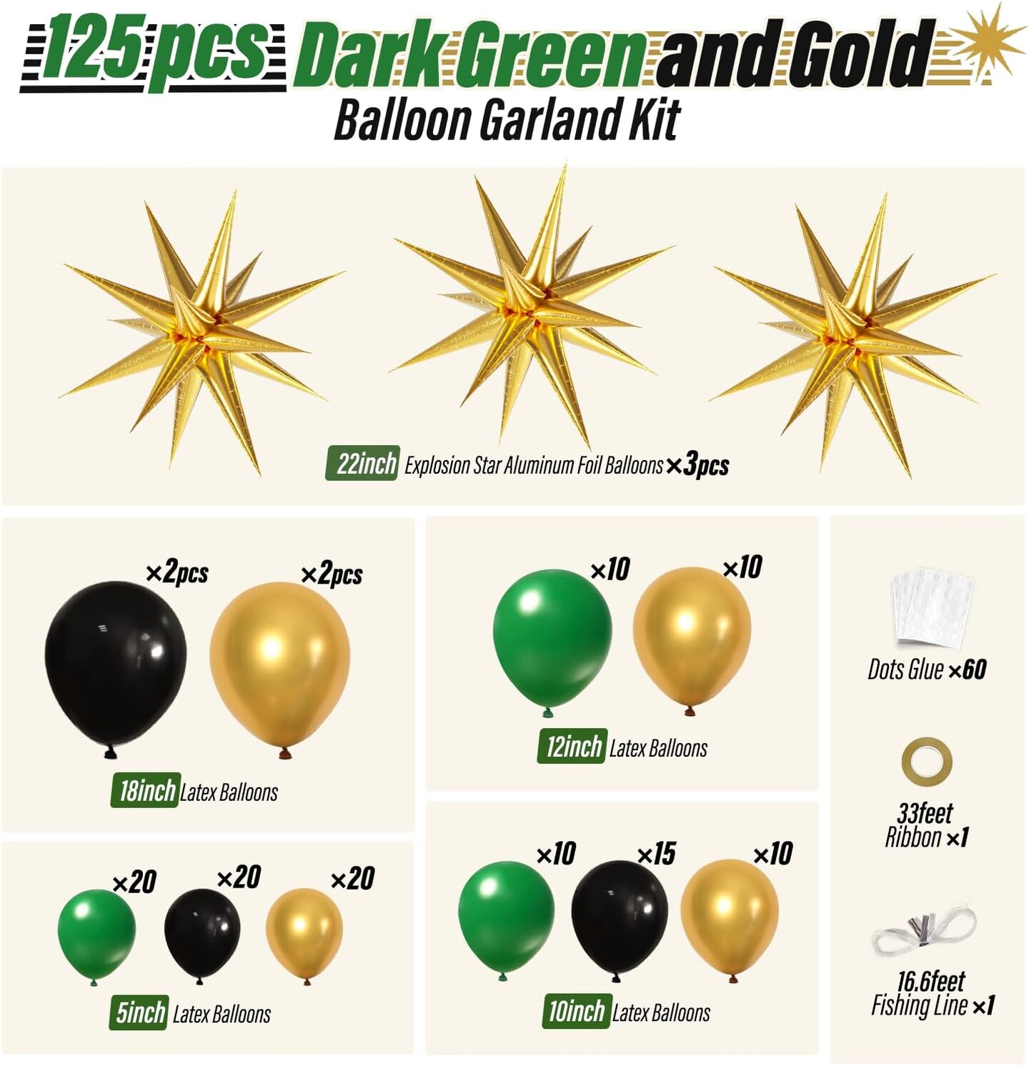 Green and Gold Black Balloon Arch Kit with 3pcs Star Balloon, Emerald Forest Dark Green Black Metallic Gold Balloons for Birthday Football Graduation Wedding New Years Party Decoration