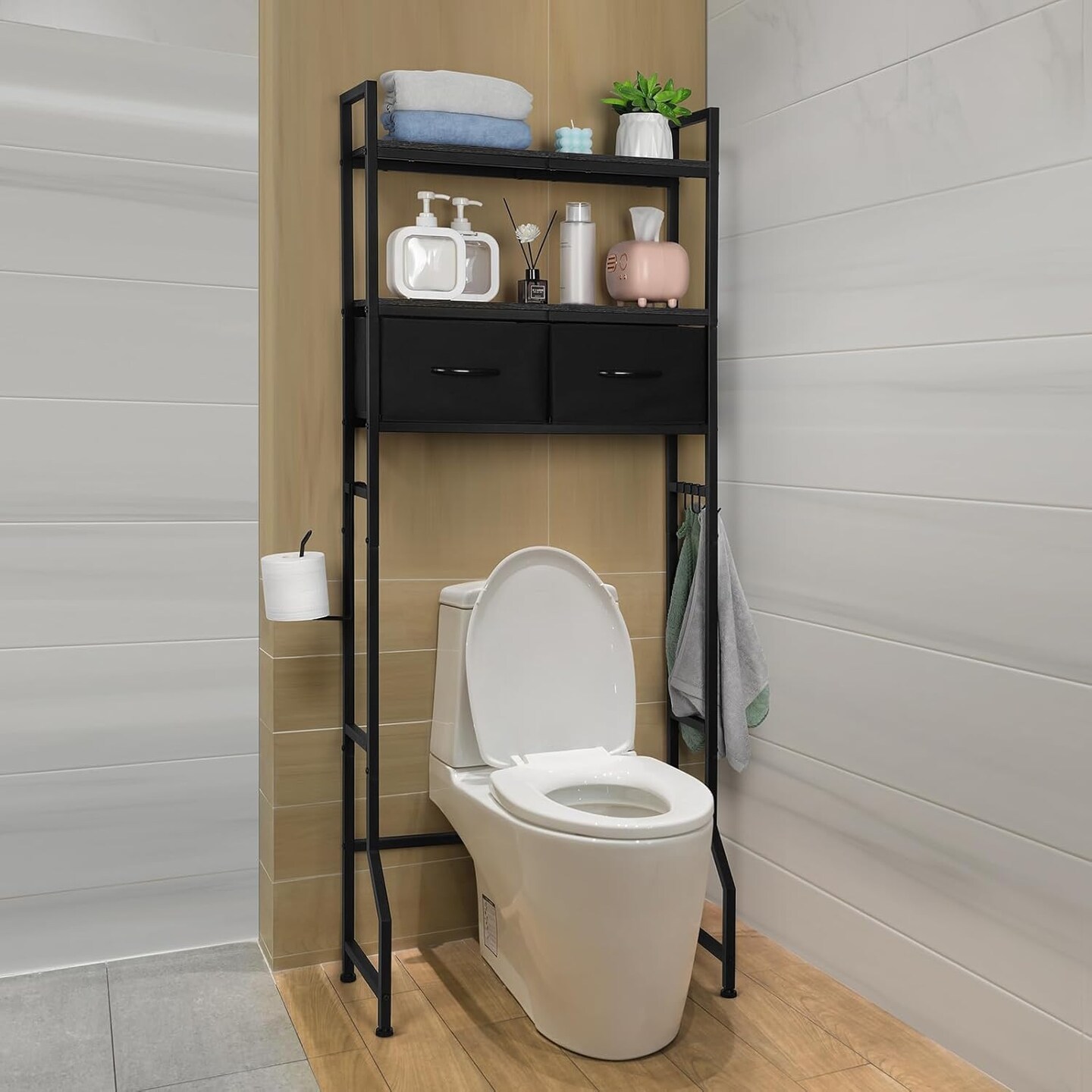 3-Tier Over-The-Toilet Storage Cabinet with Fabric Drawers &#x2013; Freestanding Bathroom Organizer, Black Space-Saving Shelf for Bathroom &#x26; Laundry Room