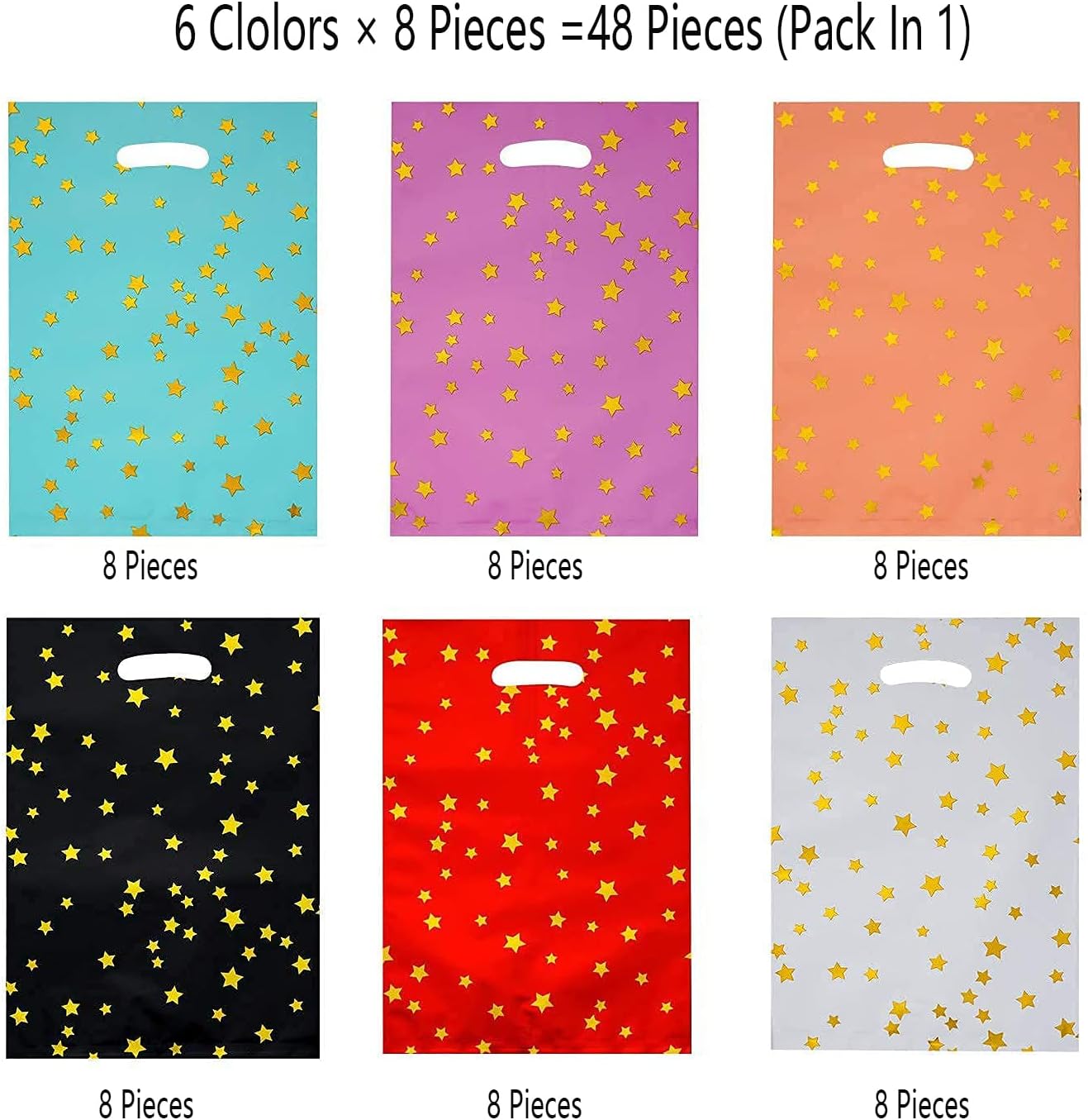 48 pieces of thicker gift bags with handles, plastic party candy bags with sparkling stars