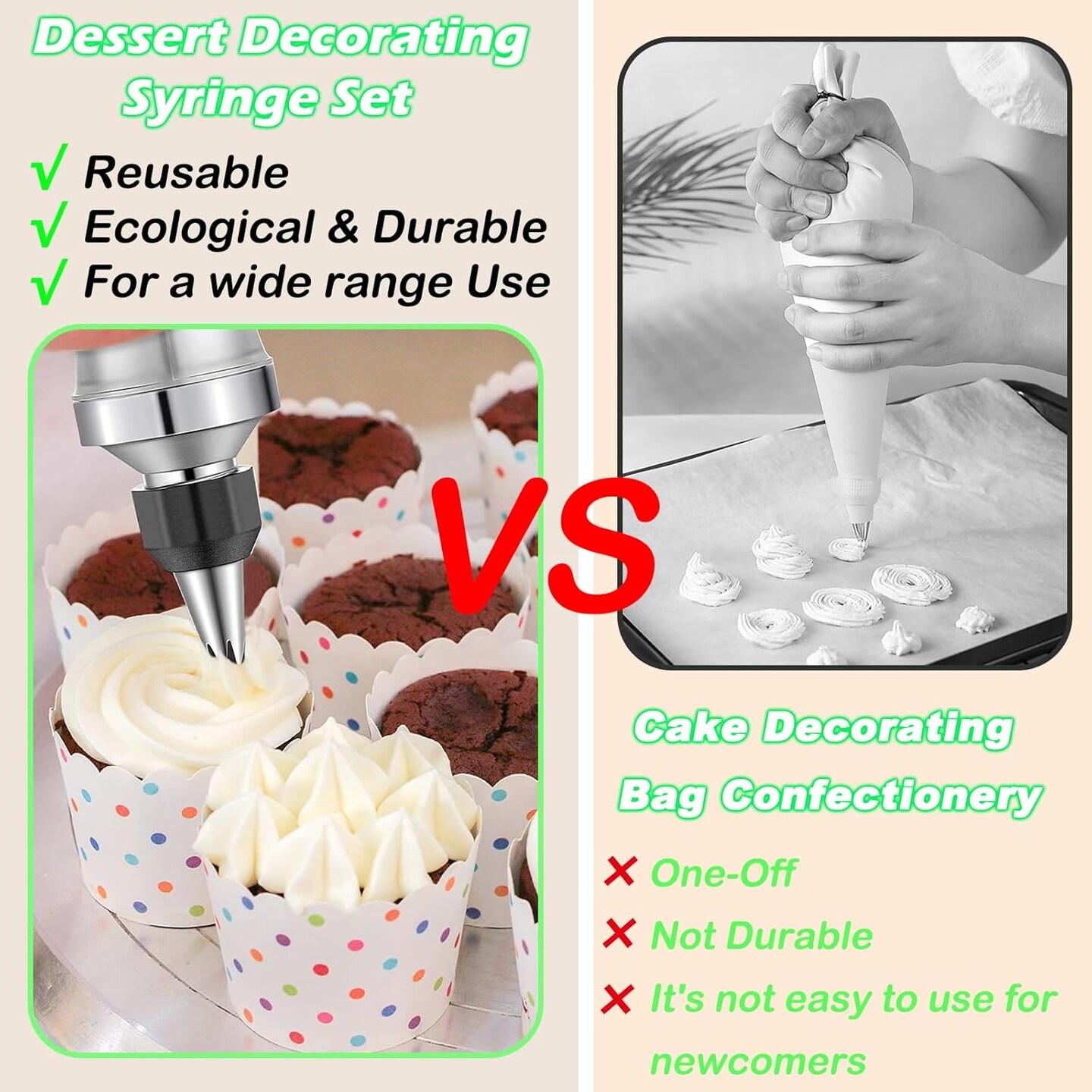 Dessert Decorating Syringe Set, Frosting Piping Kit Stainless Steels Cake Decorating Kit 6 Piping Tips Cupcake Decorating Kit Piping Bags and Tips Set