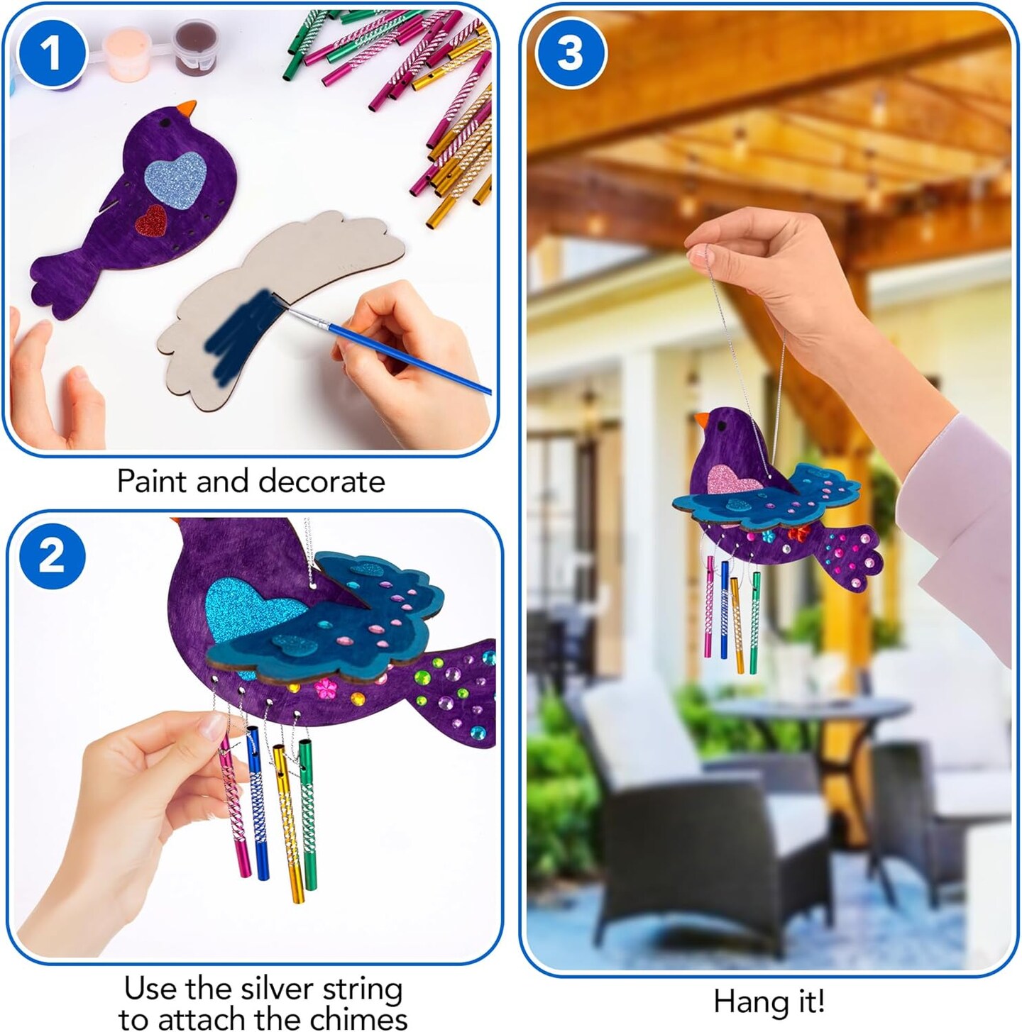 Summer DIY Wind Chime Kit for Kids - 8 Pack - Wooden Wind Chime Set with Paint Kit, Rhinestone Flower Stickers, Glitter Heart Foam Stickers, and More - Summer Arts and Crafts