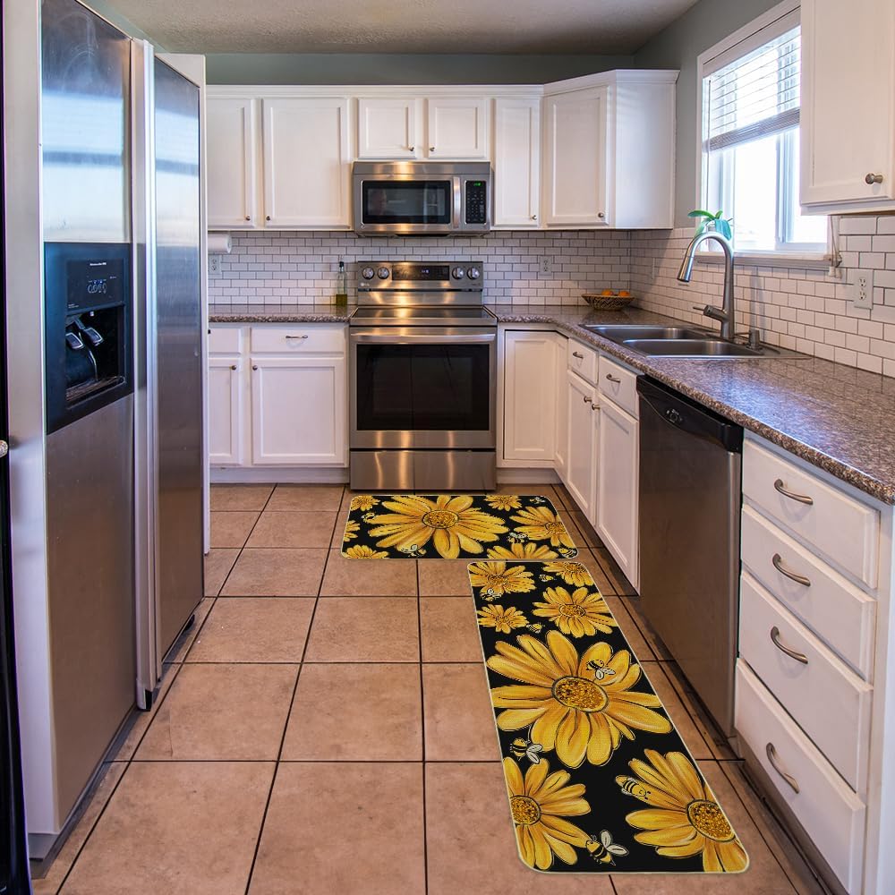 Yellow Bee Summer Kitchen Mats Set of 2, Yellow Sunflowers Seasonal Home Decor Summer Kitchen Rugs&#xFF0C; Non Skid Washable Decorative Kitchen Mats for Floor-17x29 and 17x47 Inch-AKM063