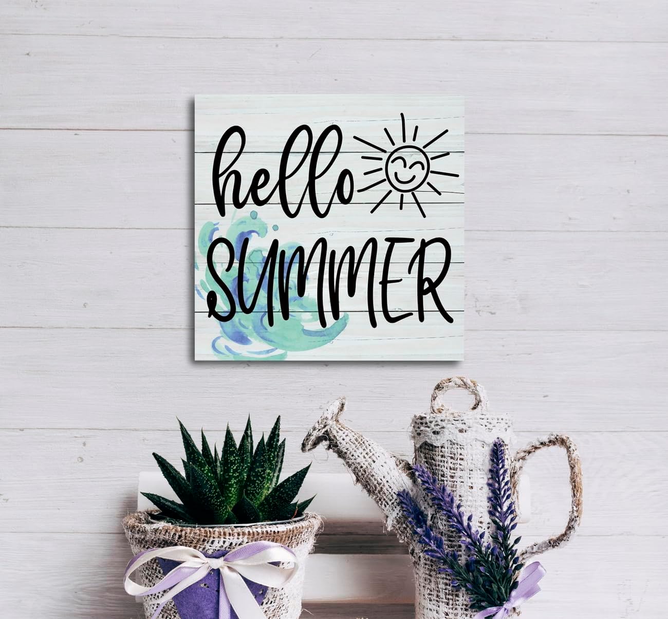 Hello Summer Wooden Sign – Coastal Ocean Style Tabletop Wood Plaque Decor for Shelf, Desk, Table & Home Display