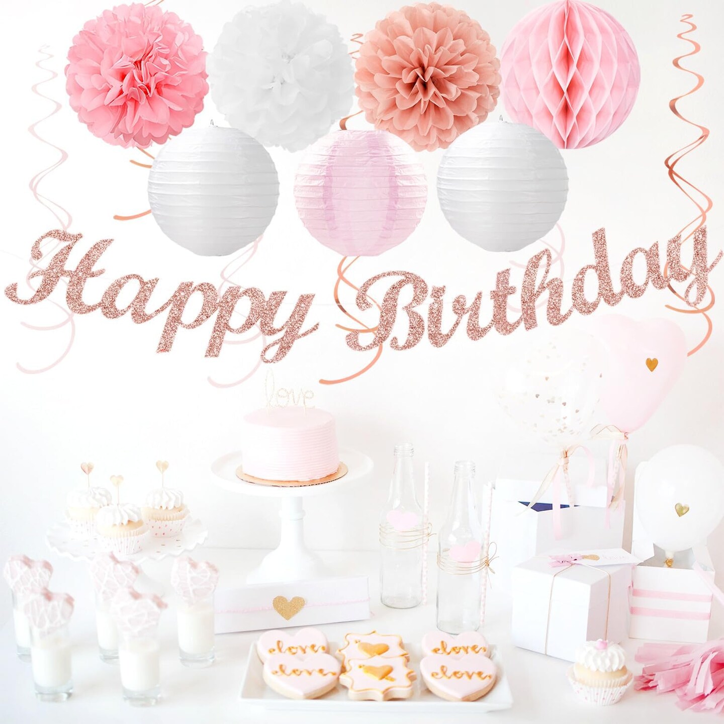 21-Piece Pink, White & Rose Gold Birthday Party Decoration Kit – Banner, Lanterns, Pom-Poms & Garland