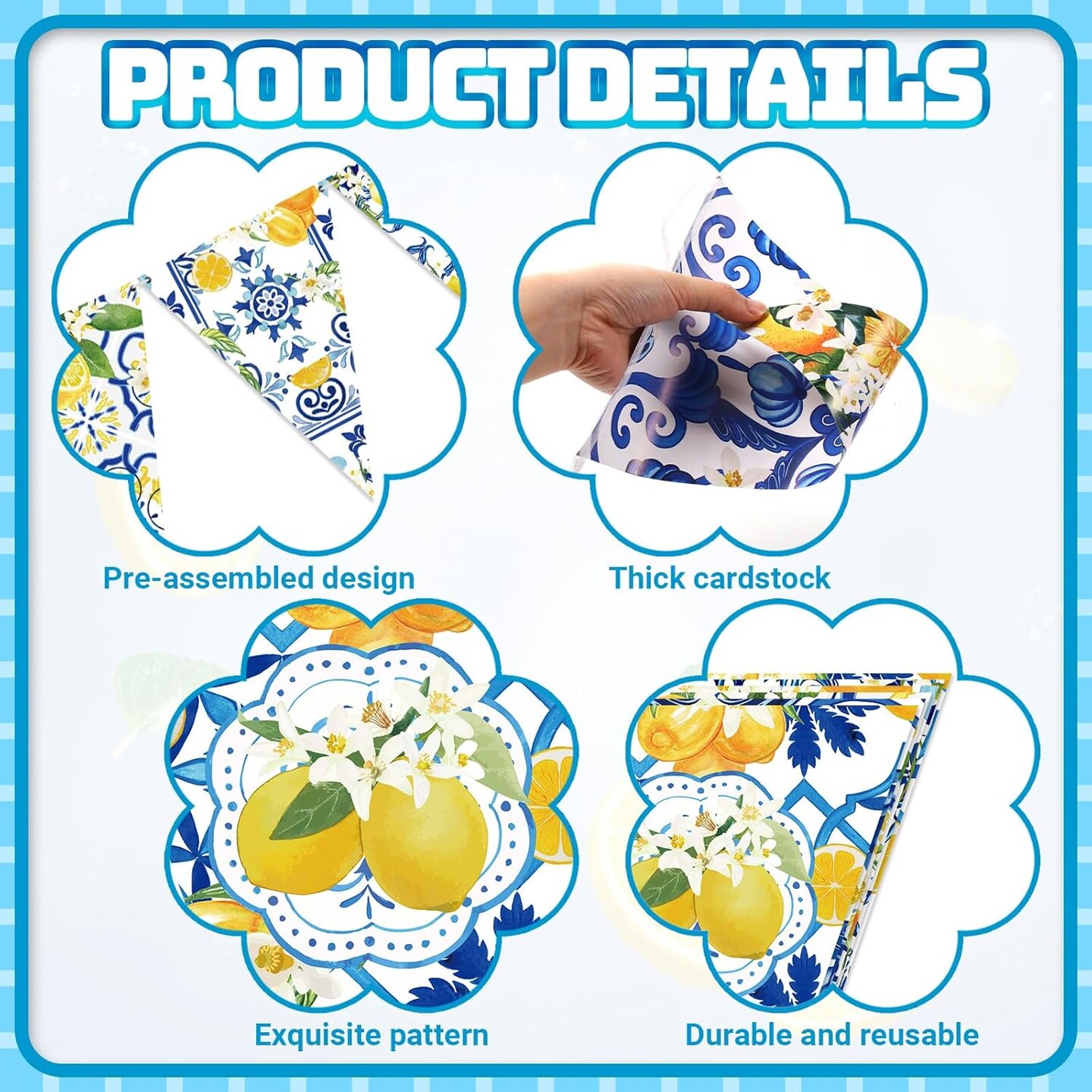 5 Pcs Blue Tiles Lemon Decor Lemon Bunting Banners Blue Tiles Paper Pennant Garlands Lemonade Hanging Triangle Flags for Wedding Birthday Bridal Shower Bachelorette Party Decorations