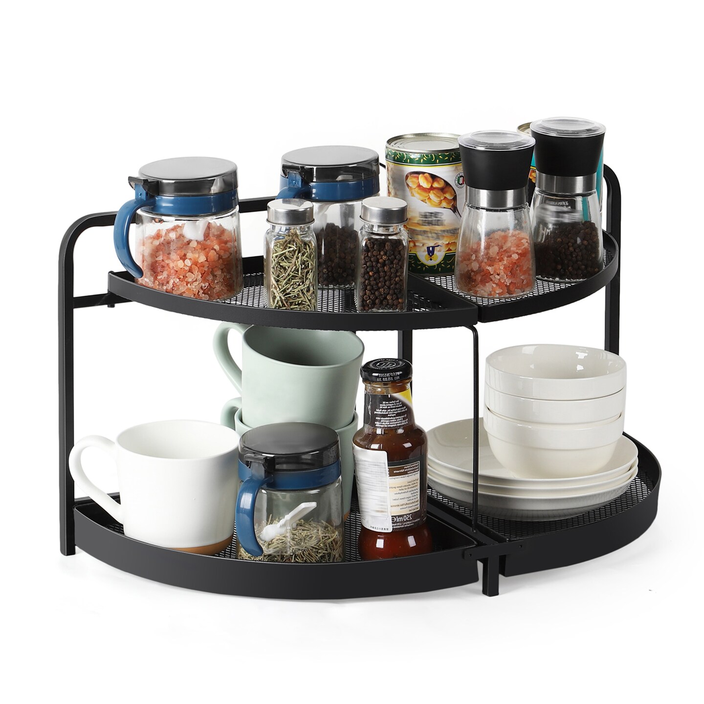 2-Tier Rotating Metal Countertop Organizer - Rust-Proof Bathroom &#x26; Kitchen Storage Shelf with Foldable Design, Large Space-Saving Semicircle Shelves
