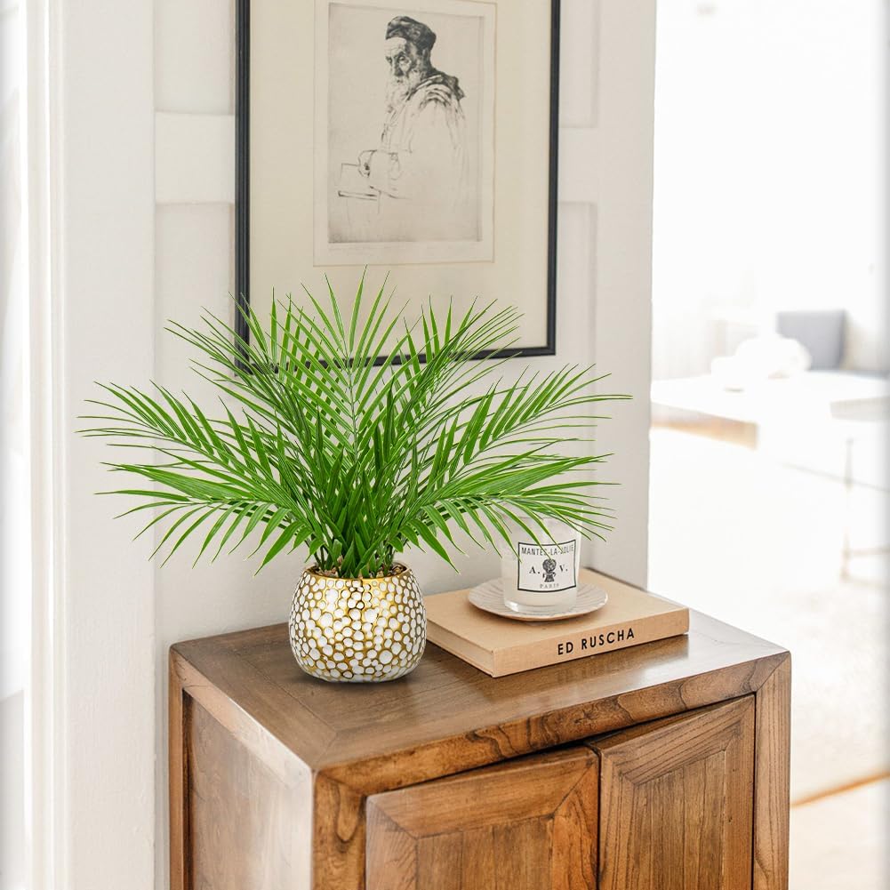 Fake Plants 15&#x27;&#x27; Faux Palm Plant in Gold-White Pot Realistic Artificial Plants Indoor for Home Farmhouse Centrepieces Wedding Decorations