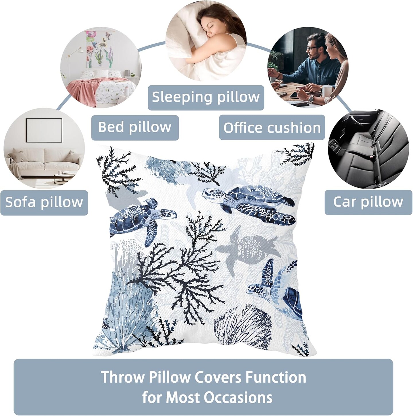 Nautical Coastal Throw Pillow Covers Set of 2 Beach Themed Ocean Coral Sea Turtle Decorative Pillow Cases Outdoor Sofa Cushion Cover for Bedroom Living Room, 18x18, Blue