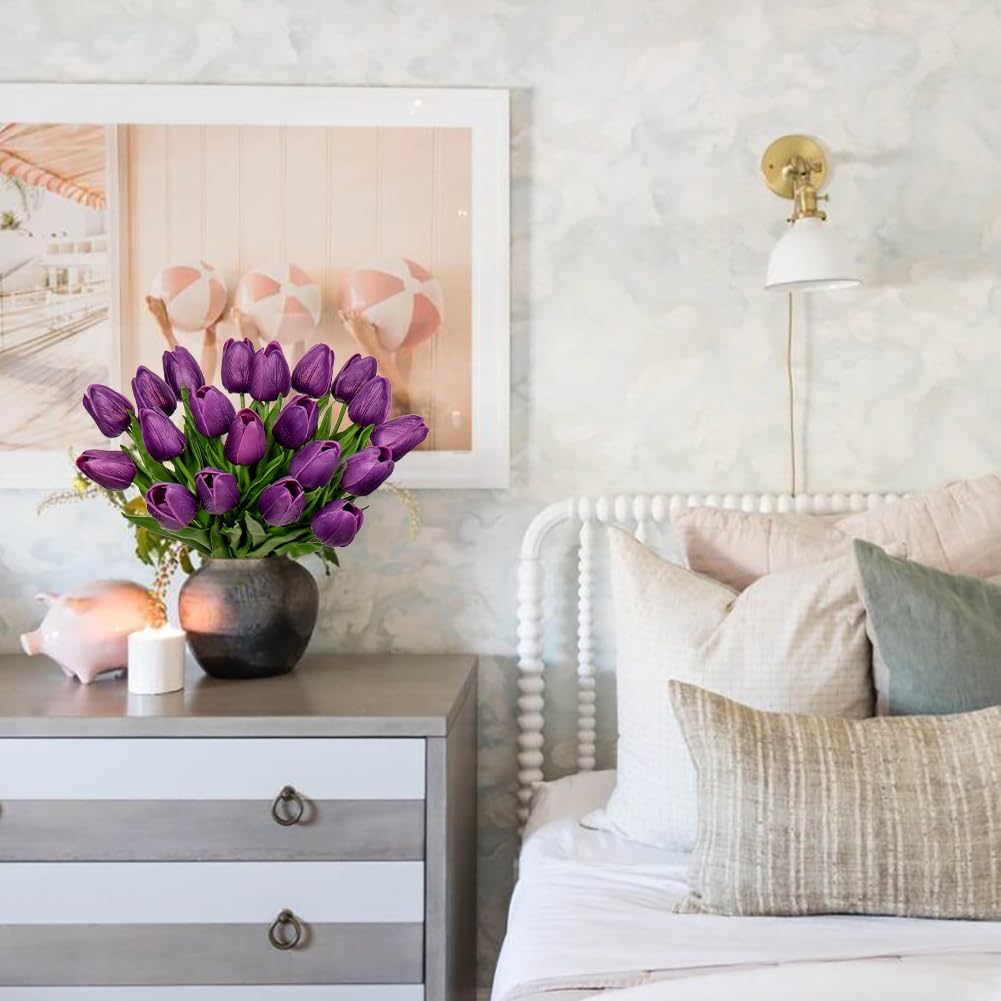 20 Pcs Purple Tulips Artificial Flowers Real Touch Fake Tulips