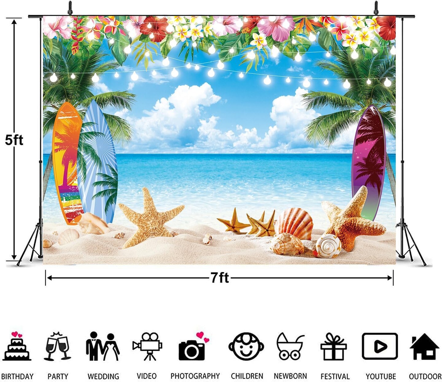 Summer Hawaiian Beach Backdrop Tropical Palm Flower Surfboard Starfish Glitter Beach Photography Background