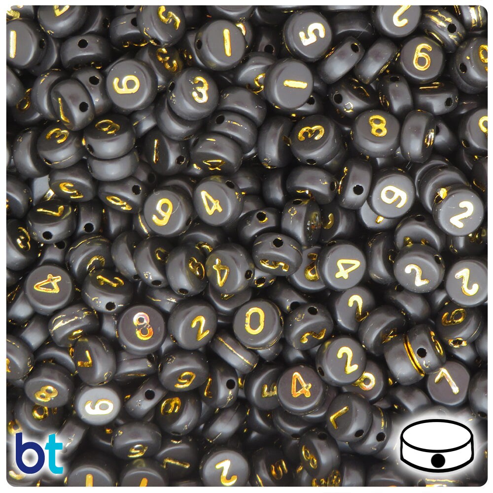 BeadTin Black Opaque 7mm Coin Plastic Alpha Beads - Gold Number Mix (250pcs)