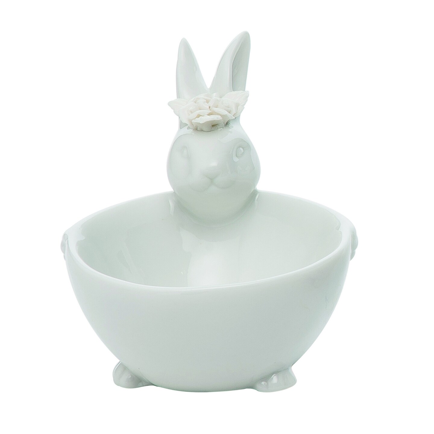 Transpac Ceramic White Easter Bunny Bowl 4.6&#x22; - Cute Bunny Design with White Flowers, Dishwasher Safe, Perfect for Easter Tabletop Decor