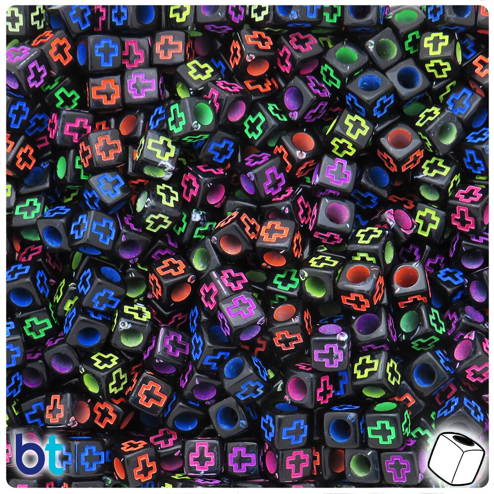BeadTin Black Opaque 6mm Cube Plastic Alpha Beads - Colored Crosses (200pcs)