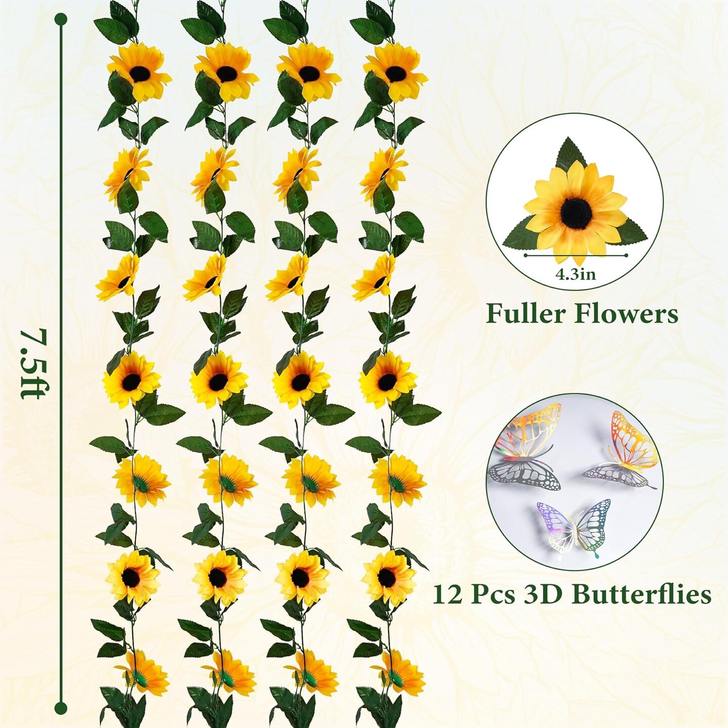 8 Pack Artificial Sunflower Summer Floral Garland Decor,7.5ft Fake Sunflower Vines with Green Leaves, Silk Flowers Sunflower