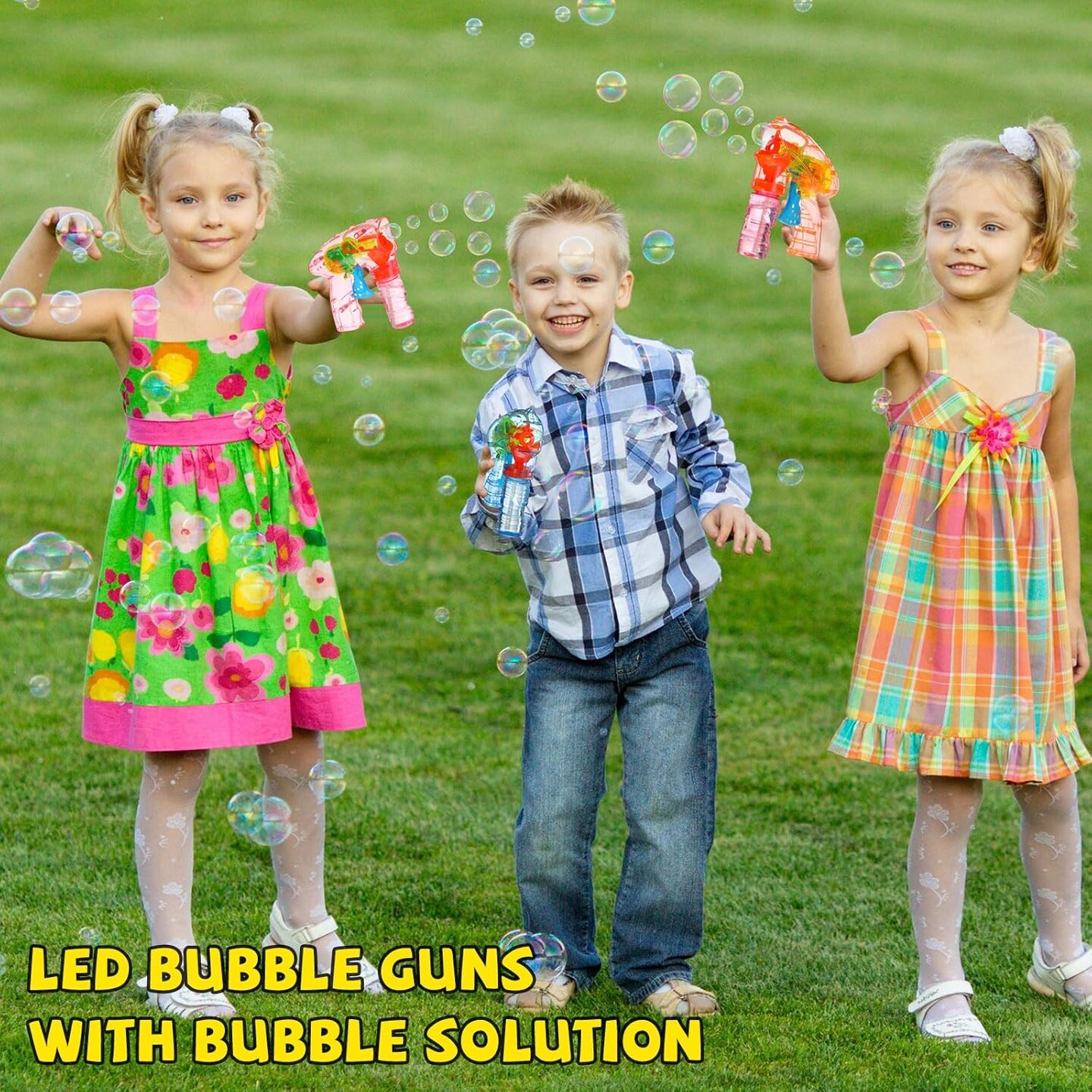 Light up Bubble Guns LED Bubble Blower with Solution Shooter Gun with Lights Blowing Kit(4 Colors,32 Set)