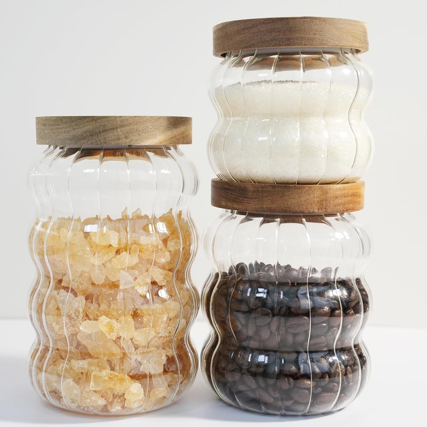 Glass Jar with Wood Lid - Cute Decorative Canisters for Nut, Coffee, Sugar Storage - Set of 3 Sizes: Clear (12oz, 20oz, 27oz) - Perfect for Kitchen Storage & Gifts
