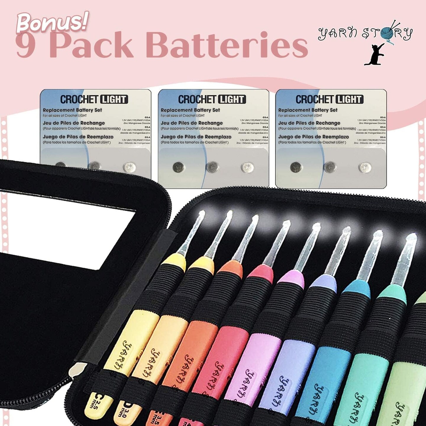 Lighted Crochet Hooks Complete Set 9/pkg - 9 pcs Light up Crochet Hook Set w/ 9 Extra Batteries &#x2013; Crochet Lite Hooks