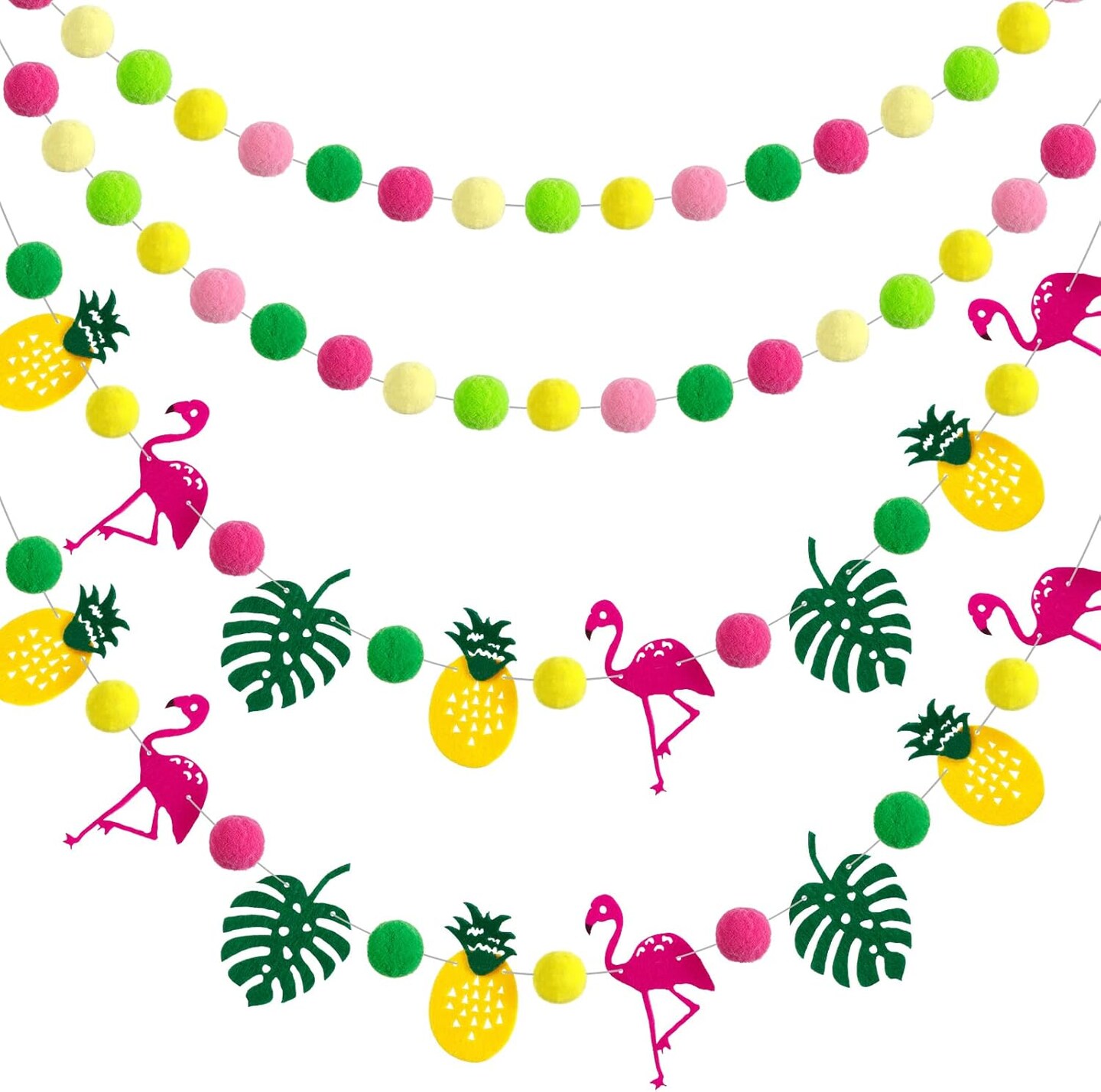 Summer Party Decoration Hawaii Pom Pom Ball Garland Tropical Flamingo Pineapple Party Banner Set Aloha Banner for Birthday Wedding Photo Backdrop Hawaiian Party