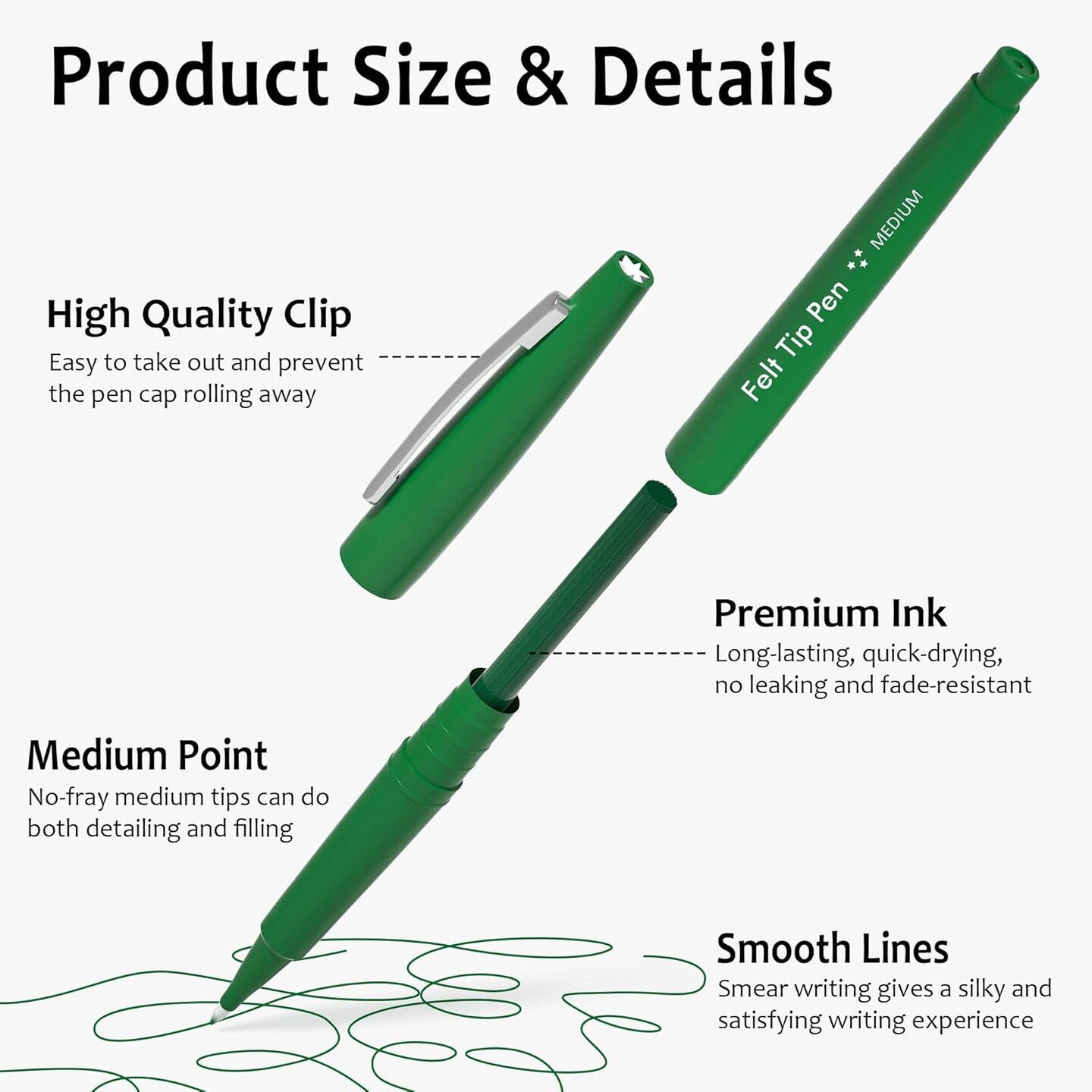 Felt Tip Pens, 15 Green Pack, 0.7mm Medium Point, Felt Tip Markers Pens for Journaling, Writing, Note Taking, Planner, Perfect for School Office and Art Supplies