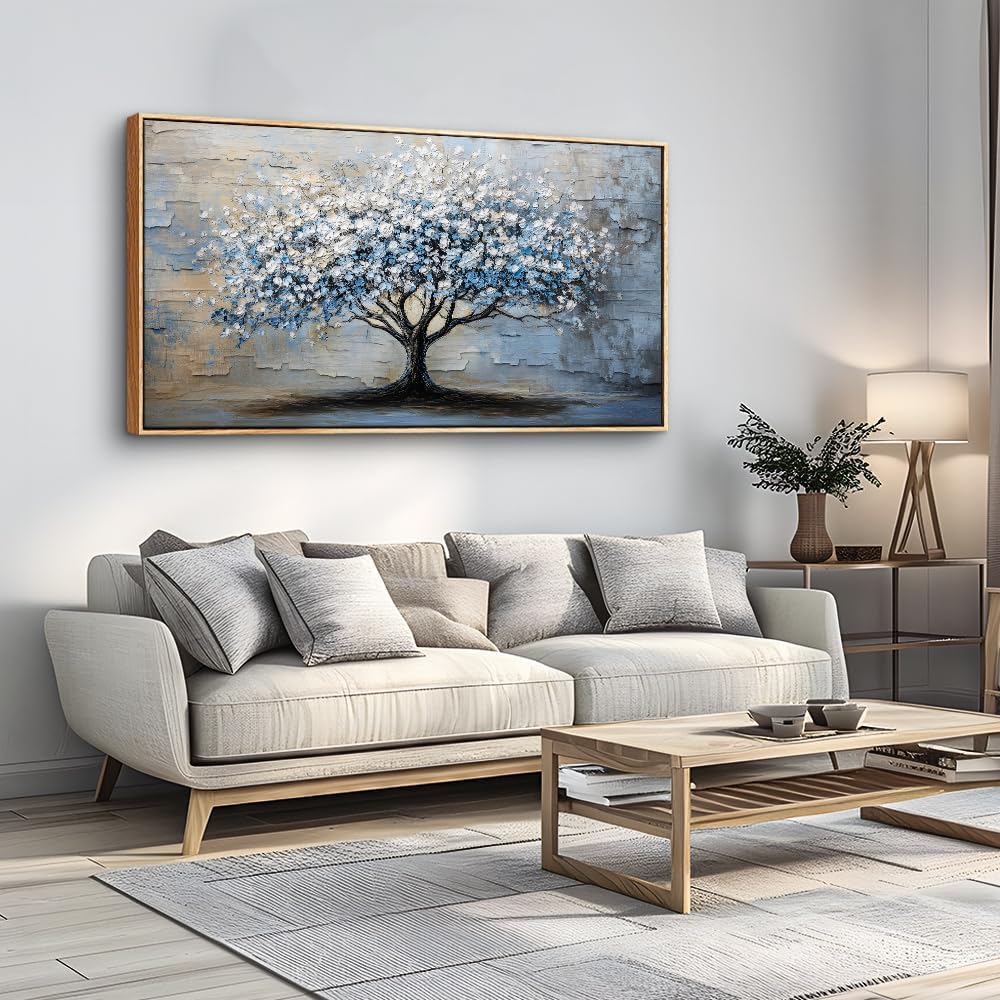 Wood Framed Wall Art for Living Room, Office, Bedroom - Large Abstract Blue Grey Tree Painting Canvas - Farmhouse Home Decor 20&#x22;X40&#x22;