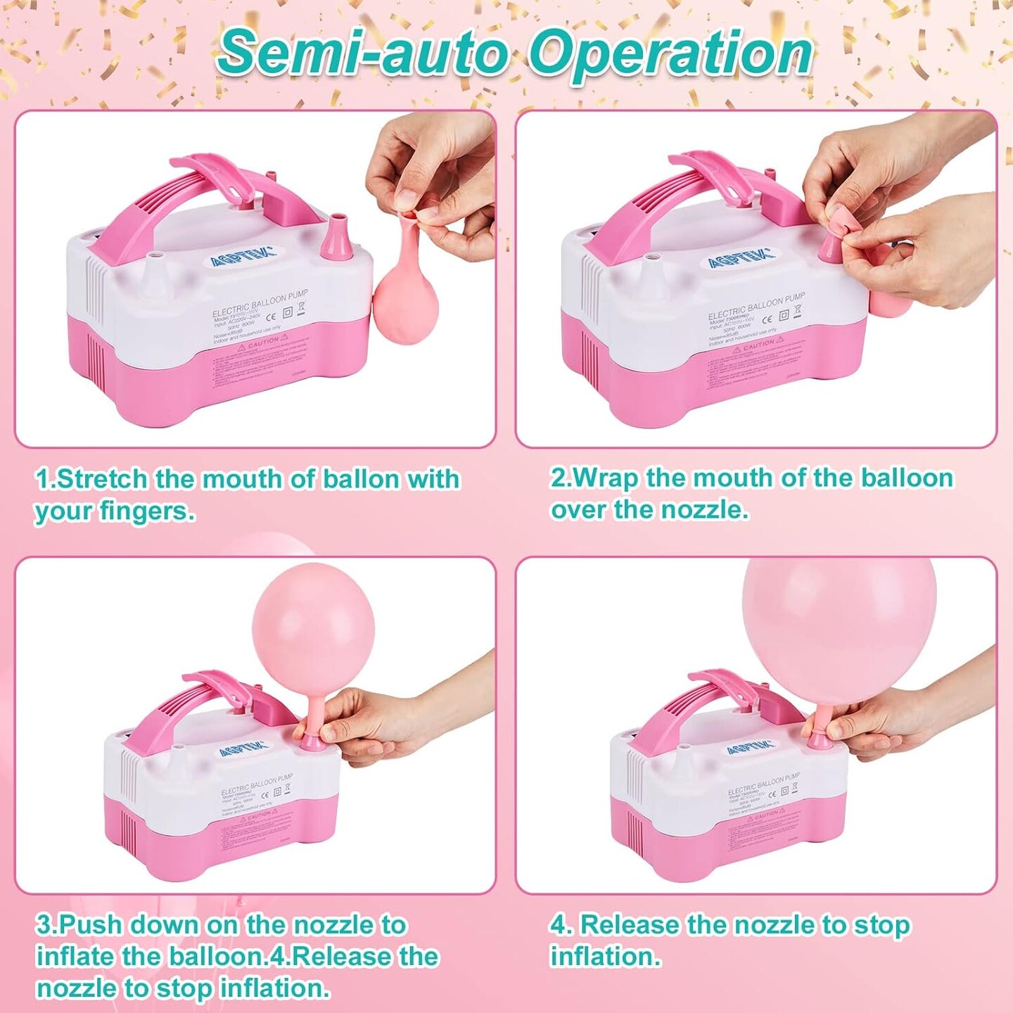 600W Electric Balloon Pump with Built-In Tying Tool – Dual Nozzle Inflator/Blower, 110V, Pink & White, Portable for Party Decorations