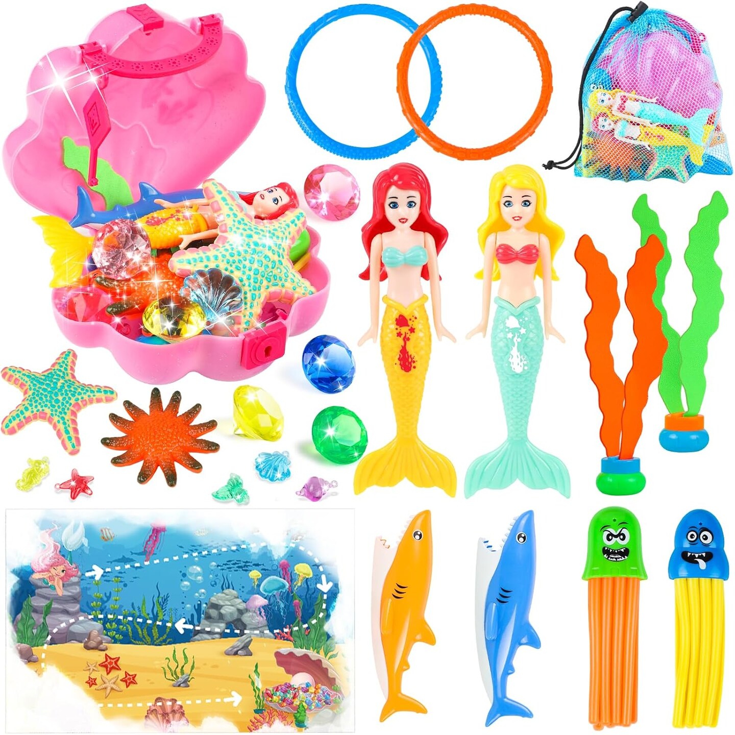 Summer Pool Toys, Swim Diving Toys for Kids Set with Upgraded Shell Treasure Chest, Pool Mermaid with Storage Bag Pool Game Summer Beach Water Birthday Party Gift(Shell Box)