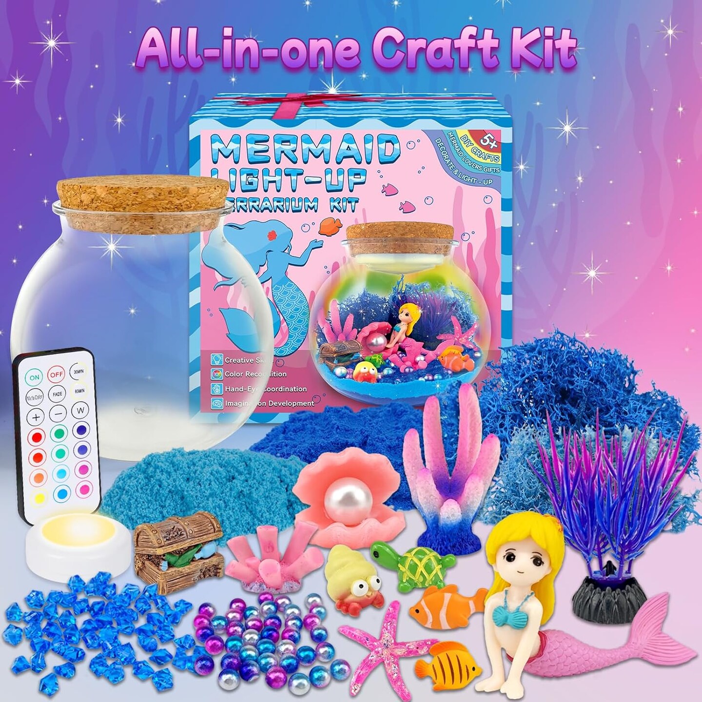 Mermaid Terrarium Kids&#x27; Summer Art &#x26; Craft Kits - LED Night Light Up &#x26; Remote Mermaid Birthday Gifts Toys for Girls Age 5 6 7 8 9 10 11 12 Year Old