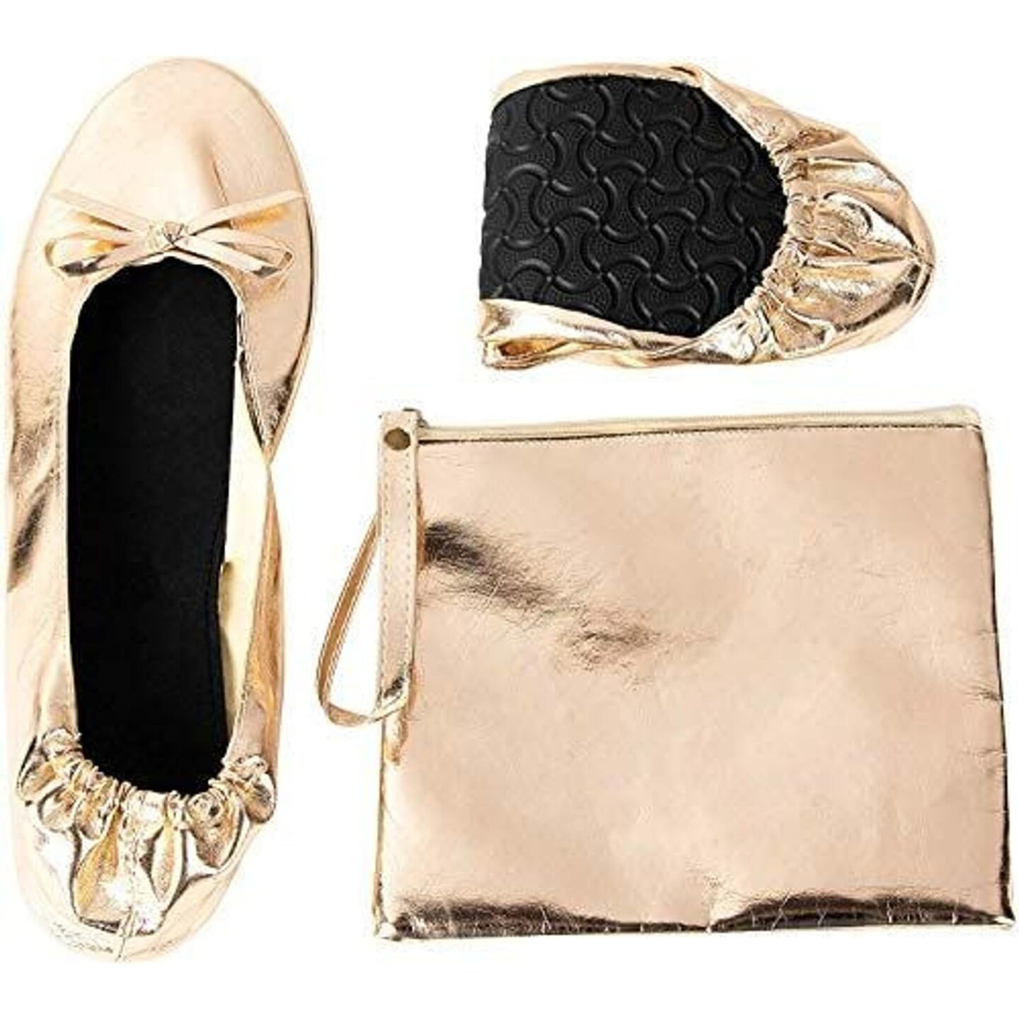 Gold Foldable Ballet Flats for Women, Roll Up Flats with Zipper Pouch, US Size 10-11