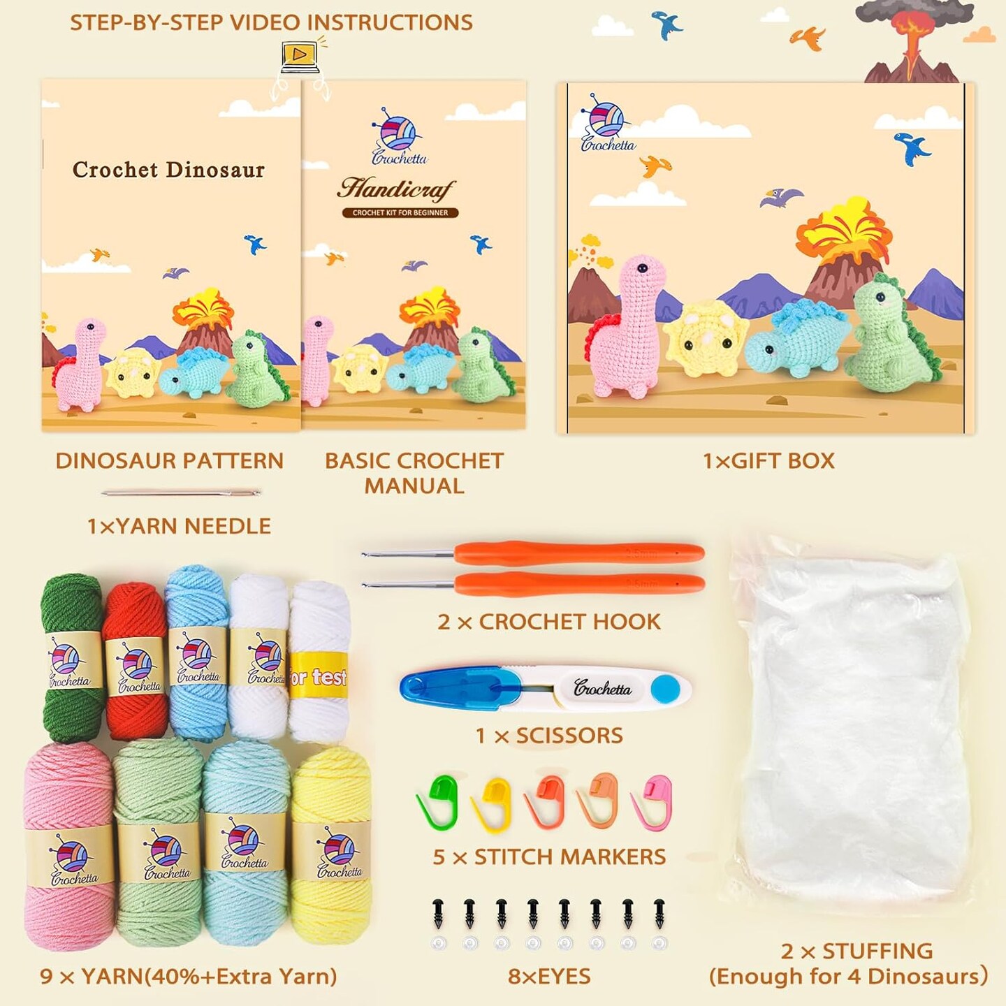 Crochet Kit for Beginners, Beginner Crochet Kit for Adults with Step-by-Step Video Tutorials, DIY Crochet Animal Kits Kids Knitting Supplies, 4 Pack Dinosaurs (40%+ Yarn)