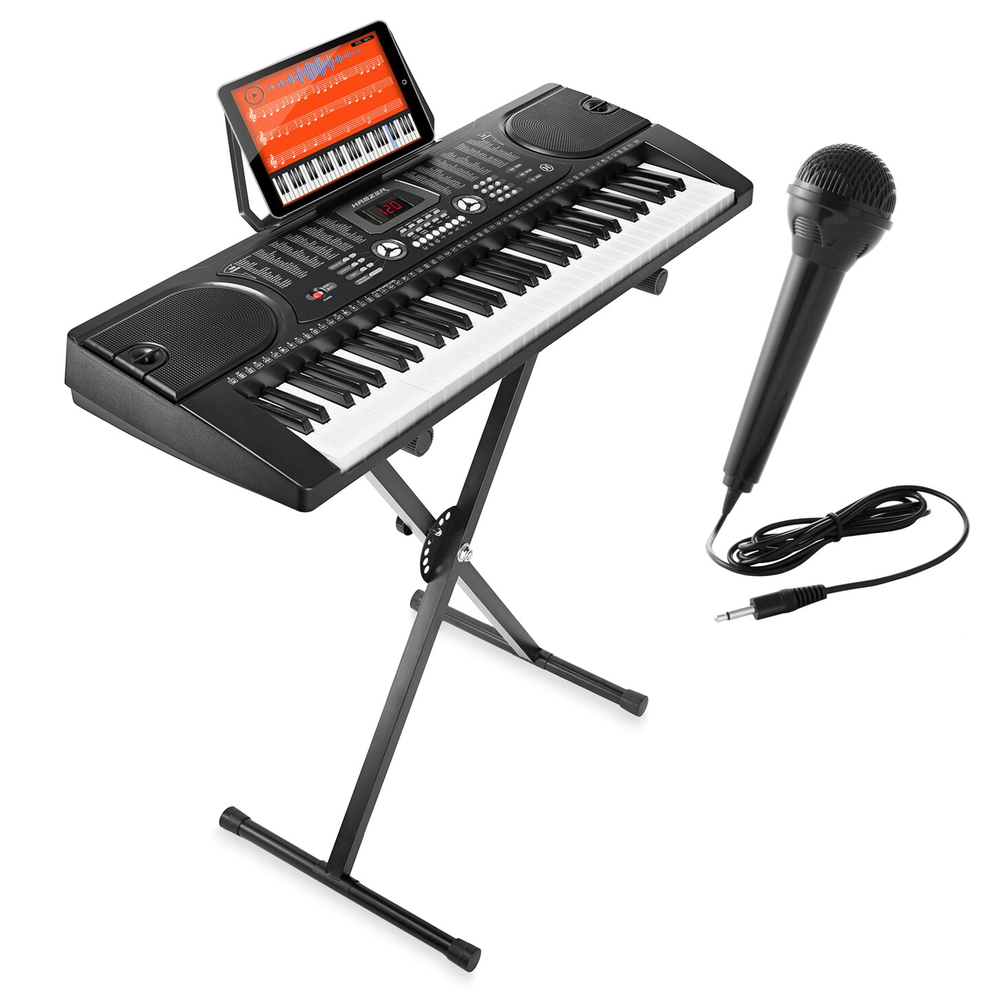 Hamzer 61 Key Electric Keyboard Piano with Stand for Beginners, Portable Digital Piano Keyboard Set with Built-In Speakers, Microphone, Keynote Stickers