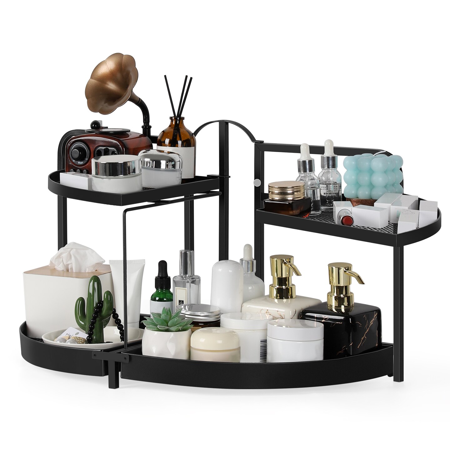 2-Tier Rotating Metal Countertop Organizer - Rust-Proof Bathroom &#x26; Kitchen Storage Shelf with Foldable Design, Large Space-Saving Semicircle Shelves