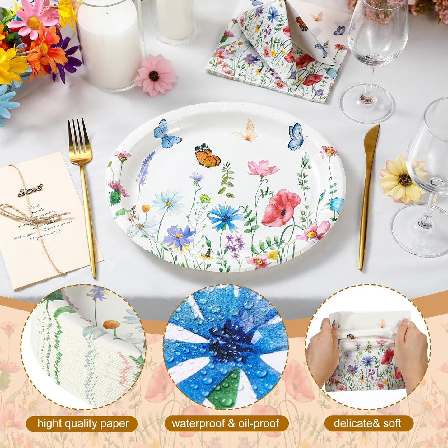 150 Pcs Floral Party Supplies, 50 Pcs Floral Paper Plates 11 Inch and 100 Pcs Wildflower Paper Napkins 13 Inch Butterfly Disposable Plates for Summer Tea Party