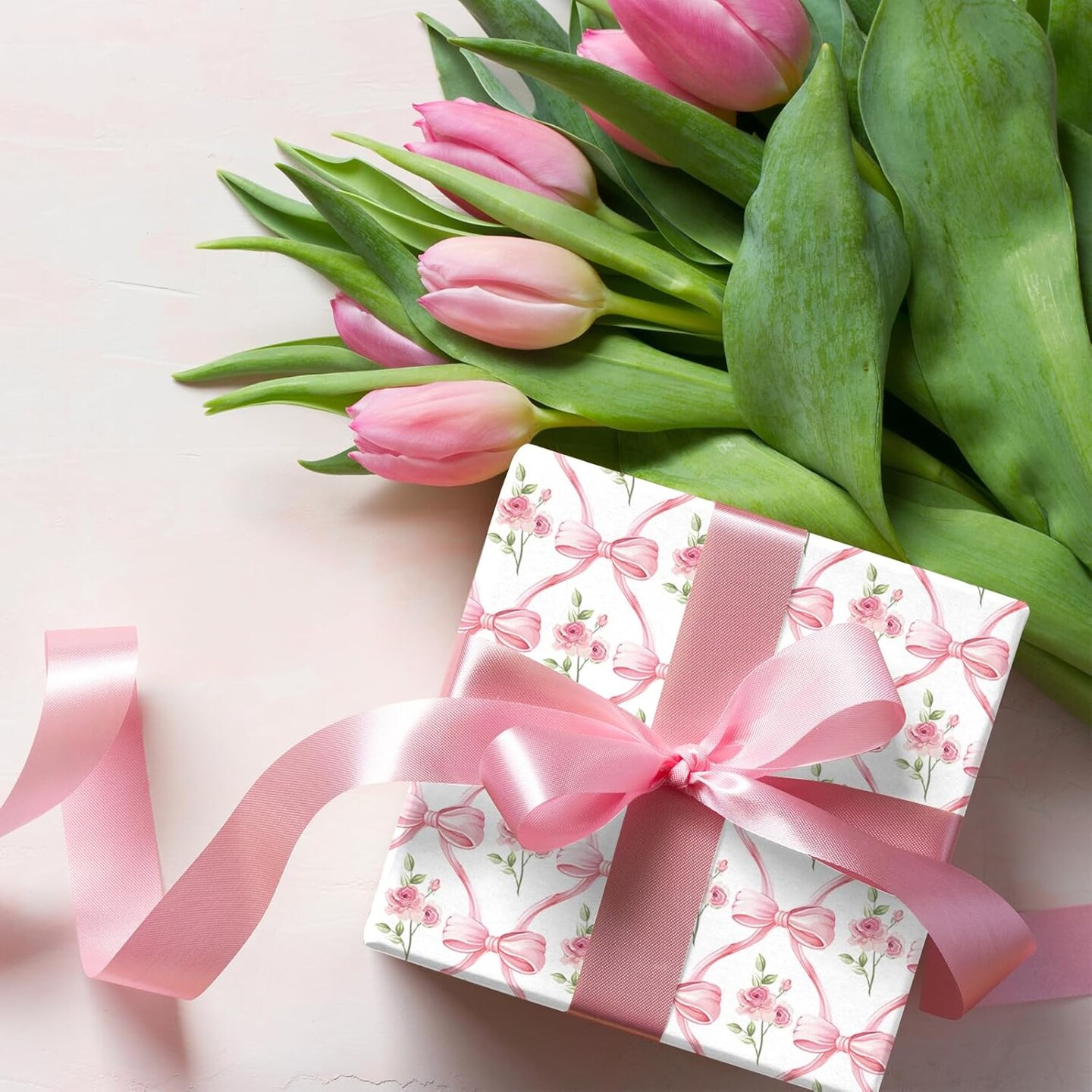 6 Sheets Spring Pink Bow Wrapping Paper – Watercolor Floral Gift Wrap, 19.7"x27.6" for Valentine’s Day, Baby Shower & Crafts