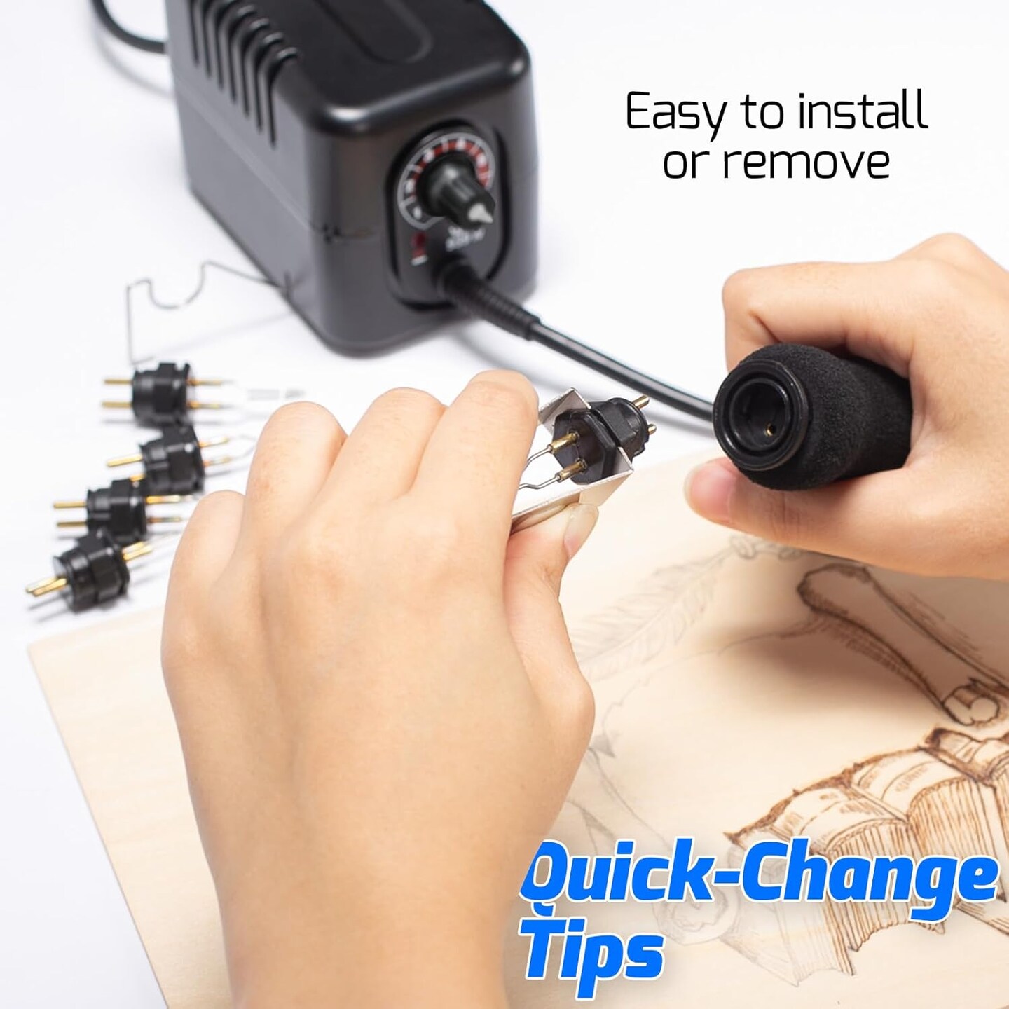 Wood Burning Kit with Quick-Change Woodburning Tool Wire-Nib Tips 250-600&#x2103;/482-1112&#x2109; Adjustable with 5 Wood Burner Tips, Tip Removal Tool, Wood Burning Pen Holder, 2 Wood Pieces