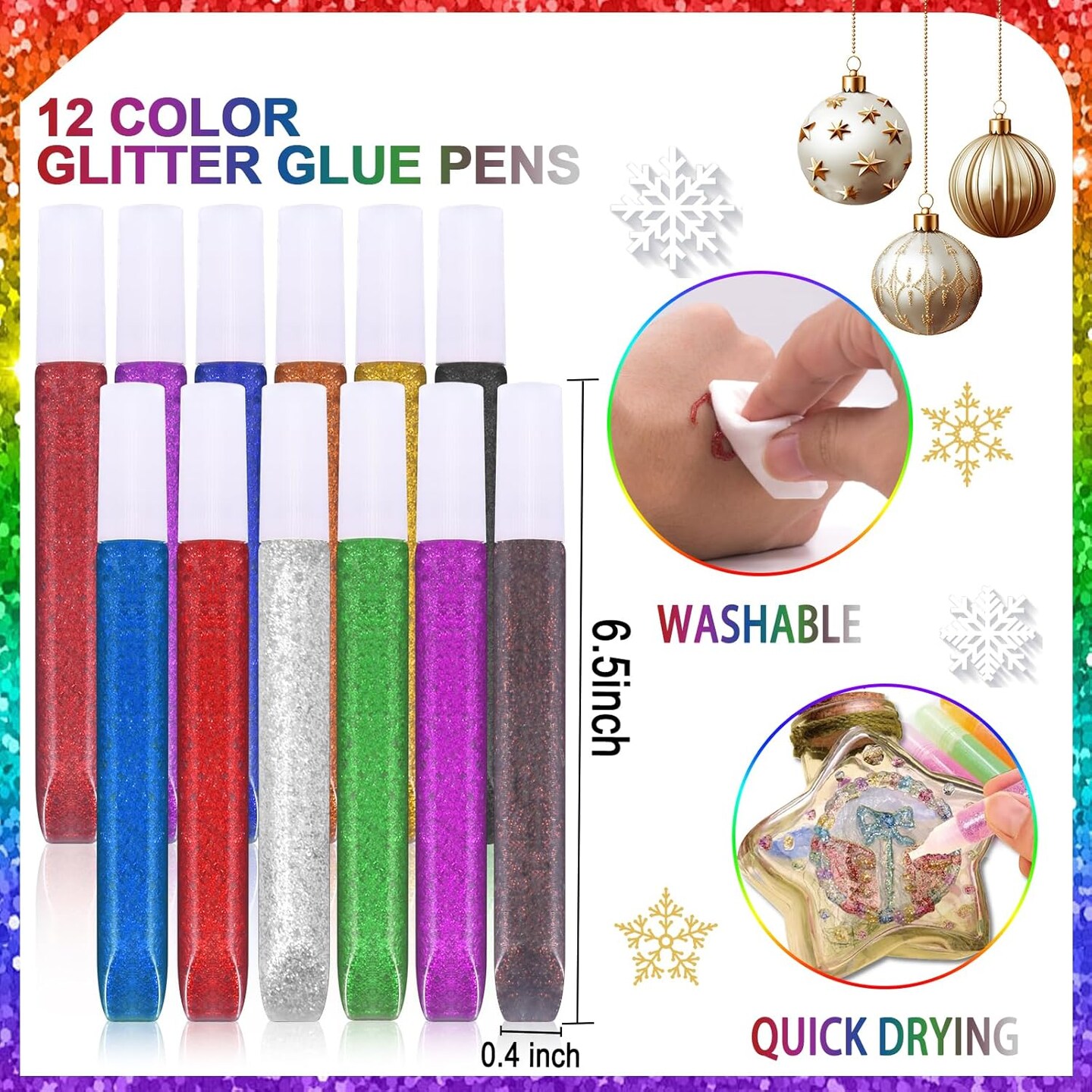 12 Pack Glitter Glue Stick Set, Non-Toxic Washable Glue Pens 10.5ml Each Craft Glitter Bulk Gel, Assorted Color Slime for DIY Art Project Painting Scrapbooking School Christmas Decor Supply