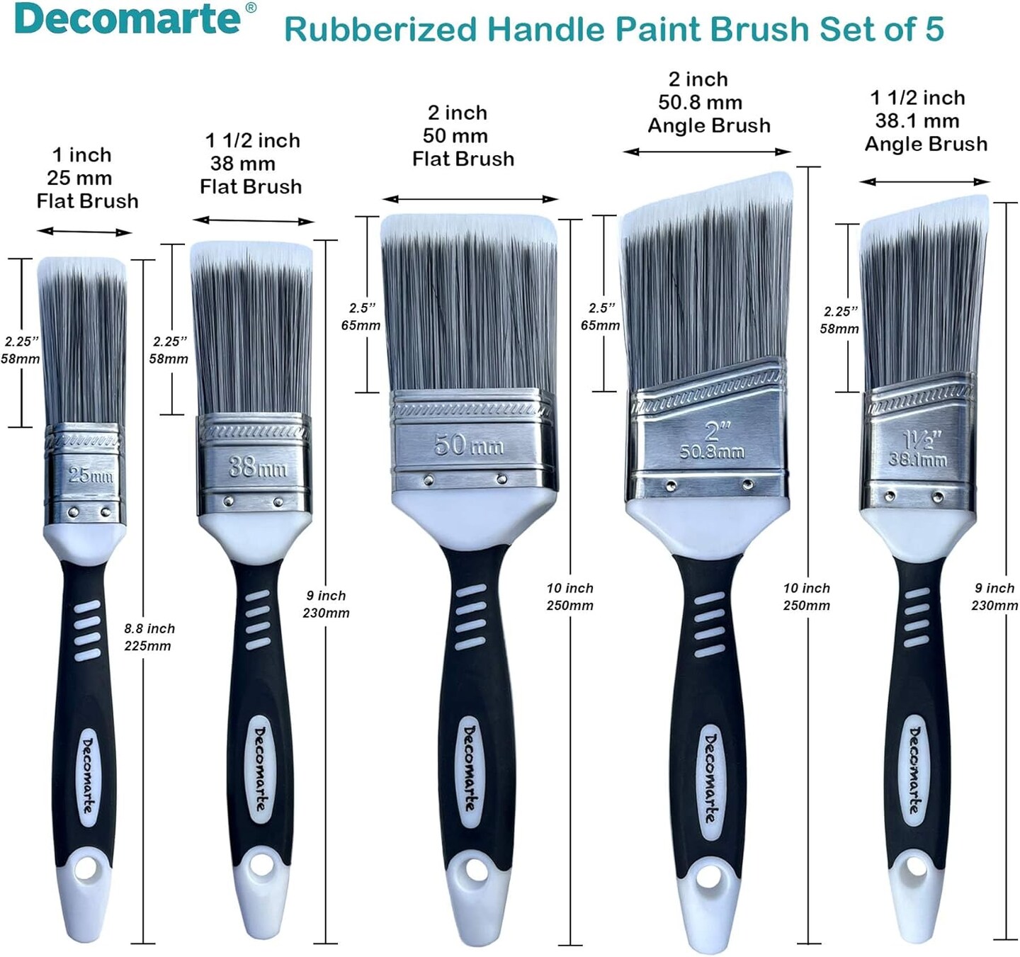 Paint Brush Set for Painting Cabinets, Small Fence Wall Stain Brushes Assortment, Smooth Synthetic Short Bristle Paintbrushes with Soft Grips &#x2013; Double Thick Chip Brush Variety- Pack of 5