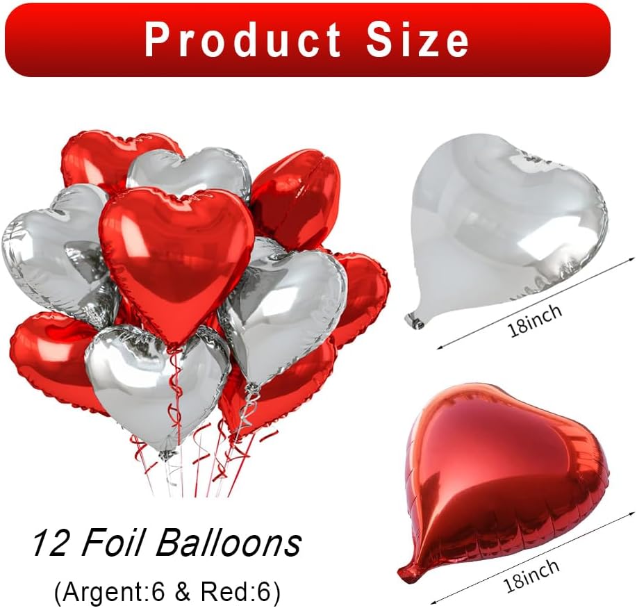 Red And Silver Heart Foil Balloons&#xFF08;12 pcs &#xFF09;,18 Inch Silver And Red heart Mylar Shaped foil Love Balloon for Wedding Decoration Party Birthday Valentines Balloon